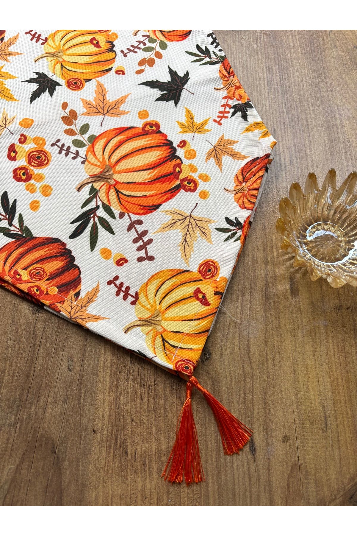 HALFART-Set de 6 supla cu runner de dovleac și portocale |   Runner impermeabil Duck Linen |   Set de masă elegant 3