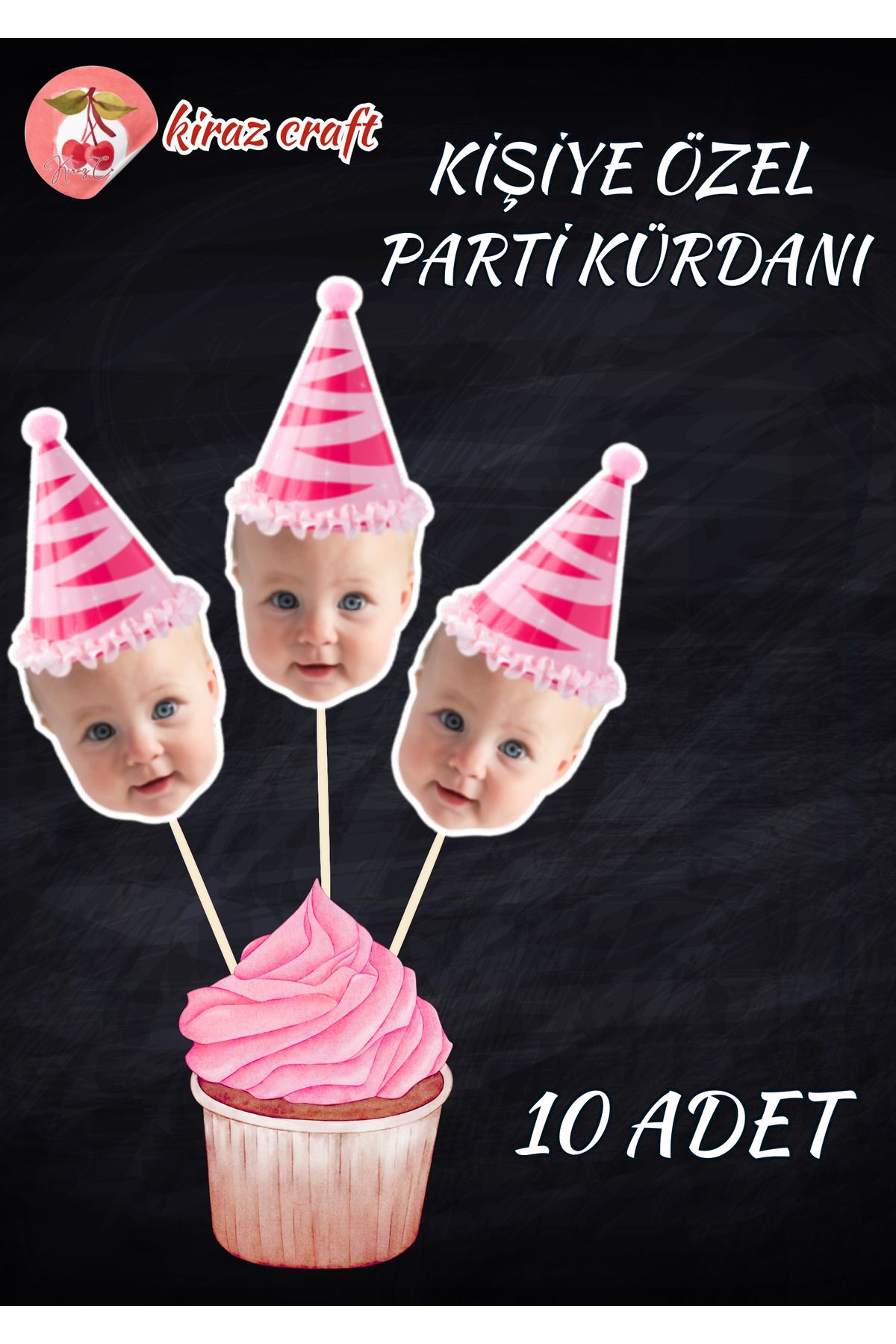 Kiraz Craft Kişiye Özel Parti Şapkası Temalı Parti Kürdanı- Cupcake Kürdanı 10 Adet Pasta Süsü