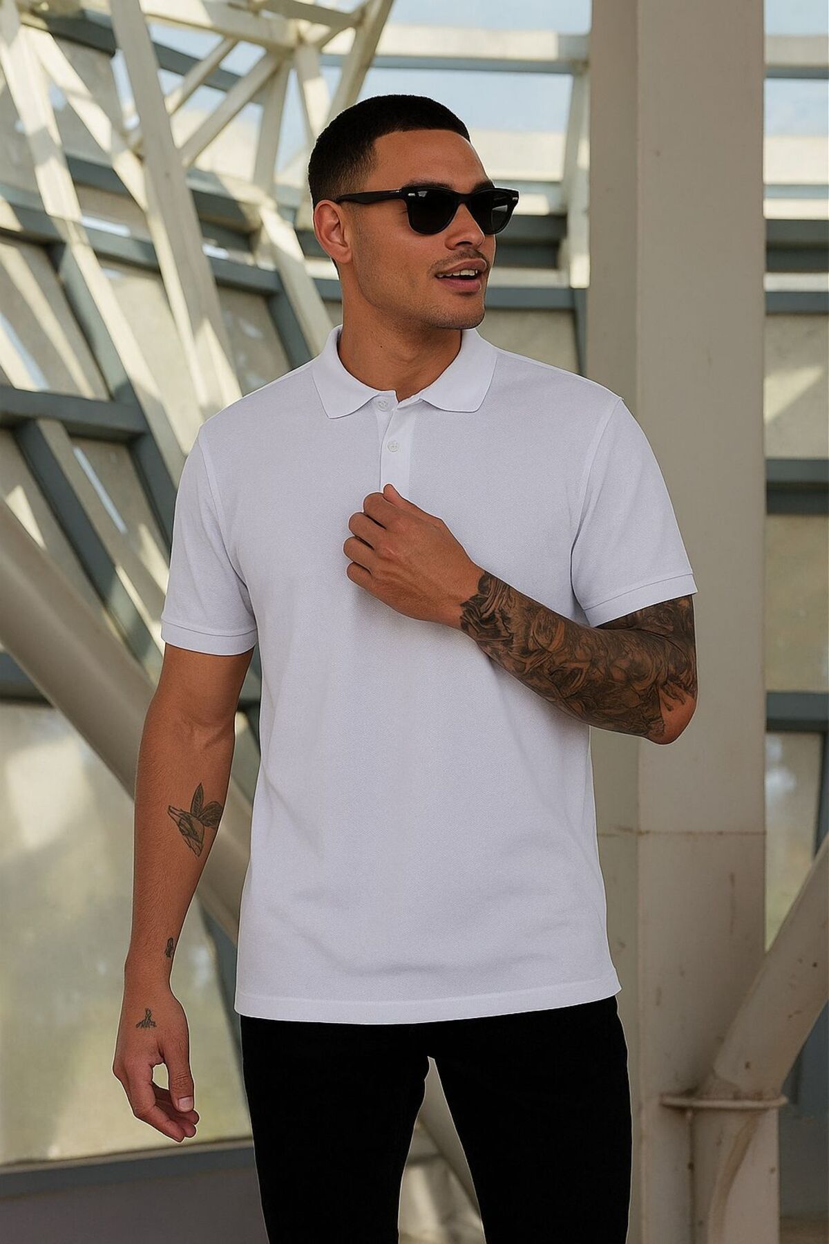 EKZMODA Regular Fit Beyaz Erkek Polo Yaka Tshirt - Beyaz Tisort - Erkek T-shirt