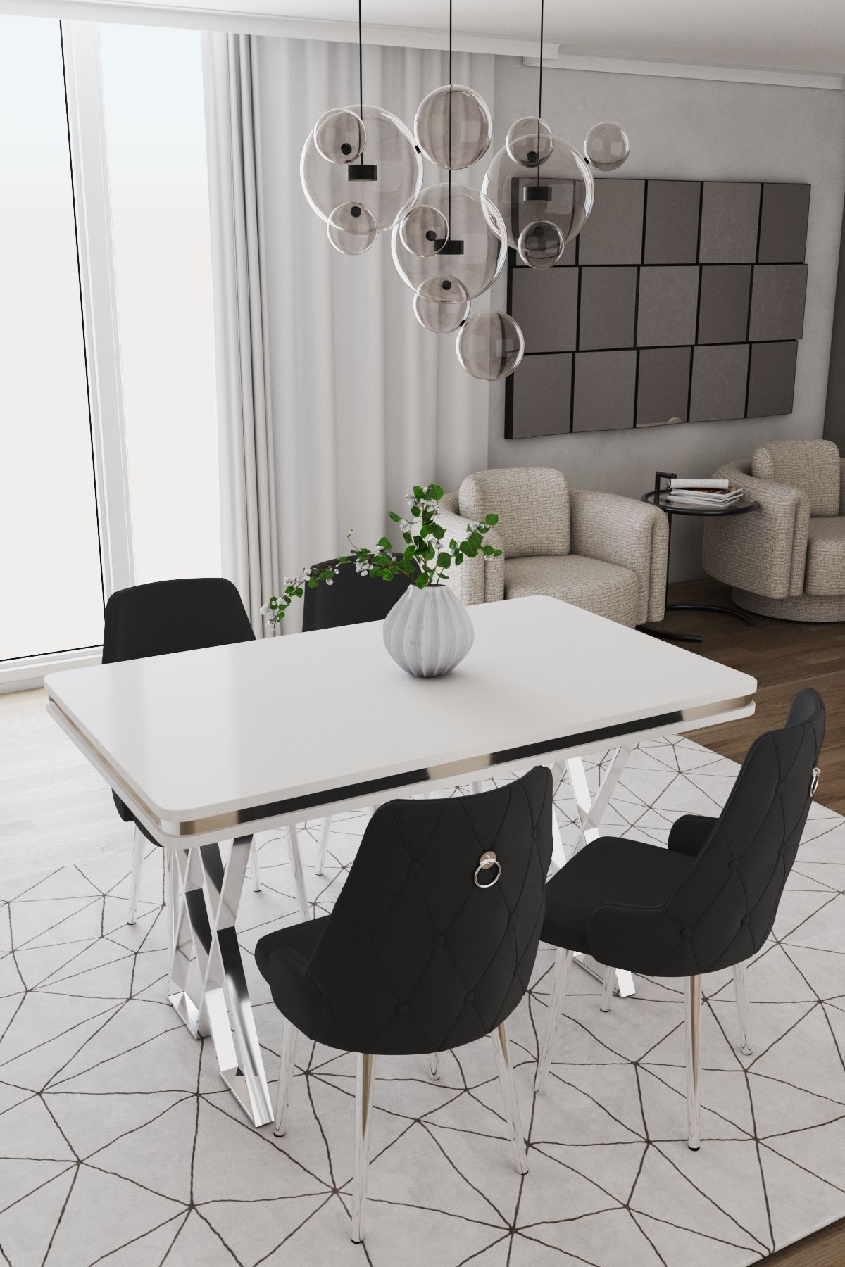 DEREN HOME Rio Serisi 80x130 MDF masa + 4 Adet Metal Ayaklı Sandalye Silinebilir Kumaş Siyah