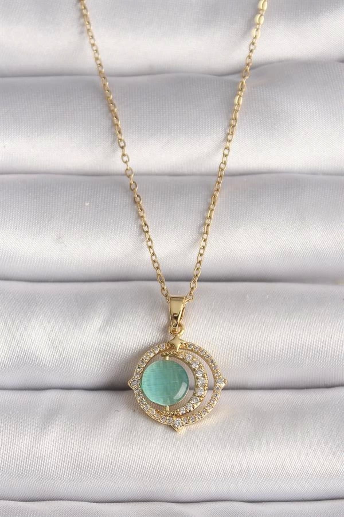 Lale Moda 316L Çelik Gold Renk Zirkon Taşlı Yeşil Sedefli Hilal Model Kadın Kolye
