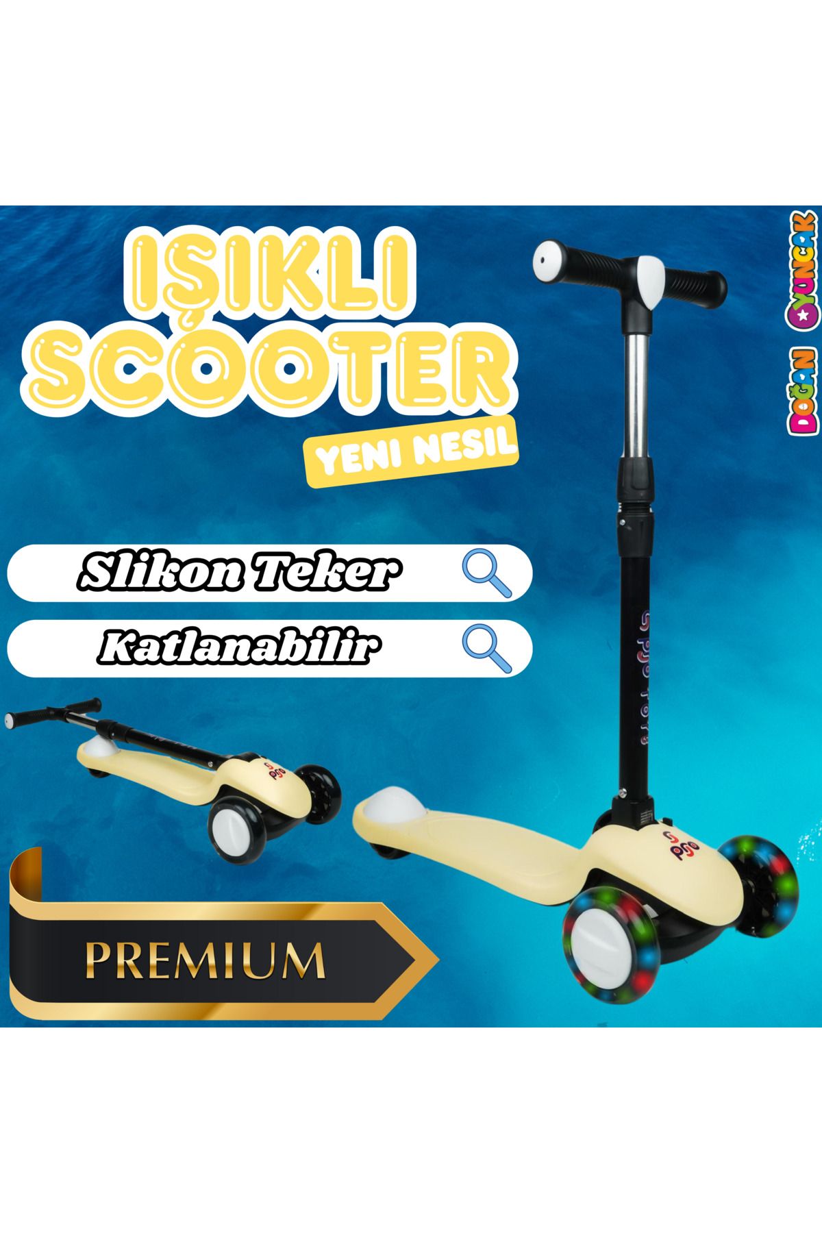 Doğan Oyuncak Dünyası Lupa Katlanabilir Işıklı 3 Tekerlekli Sarı Scooter - Işıklı Scooter - Slikon Teker Scooter - Çocuk S
