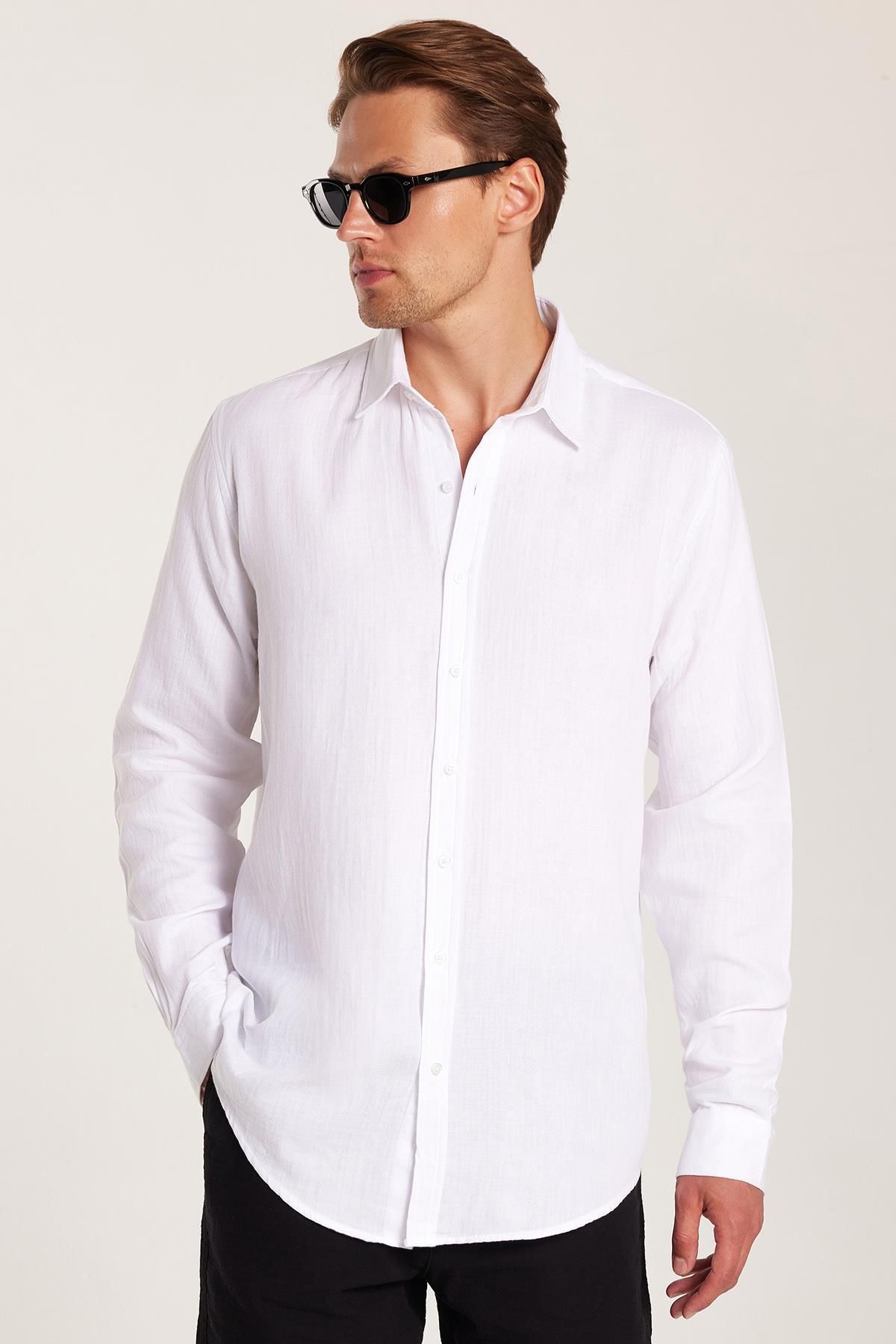 Tudors Erkek Slim Fit Dar Kesim Uzun Kollu %100 Pamuk Keten Doku Düz Biyeli Beyaz Gömlek