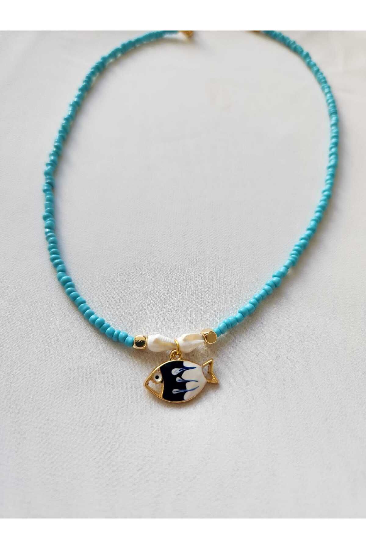 Noira Jewellery Turkuaz Boncuklu Altın Kaplama Mavi Balık Kolye