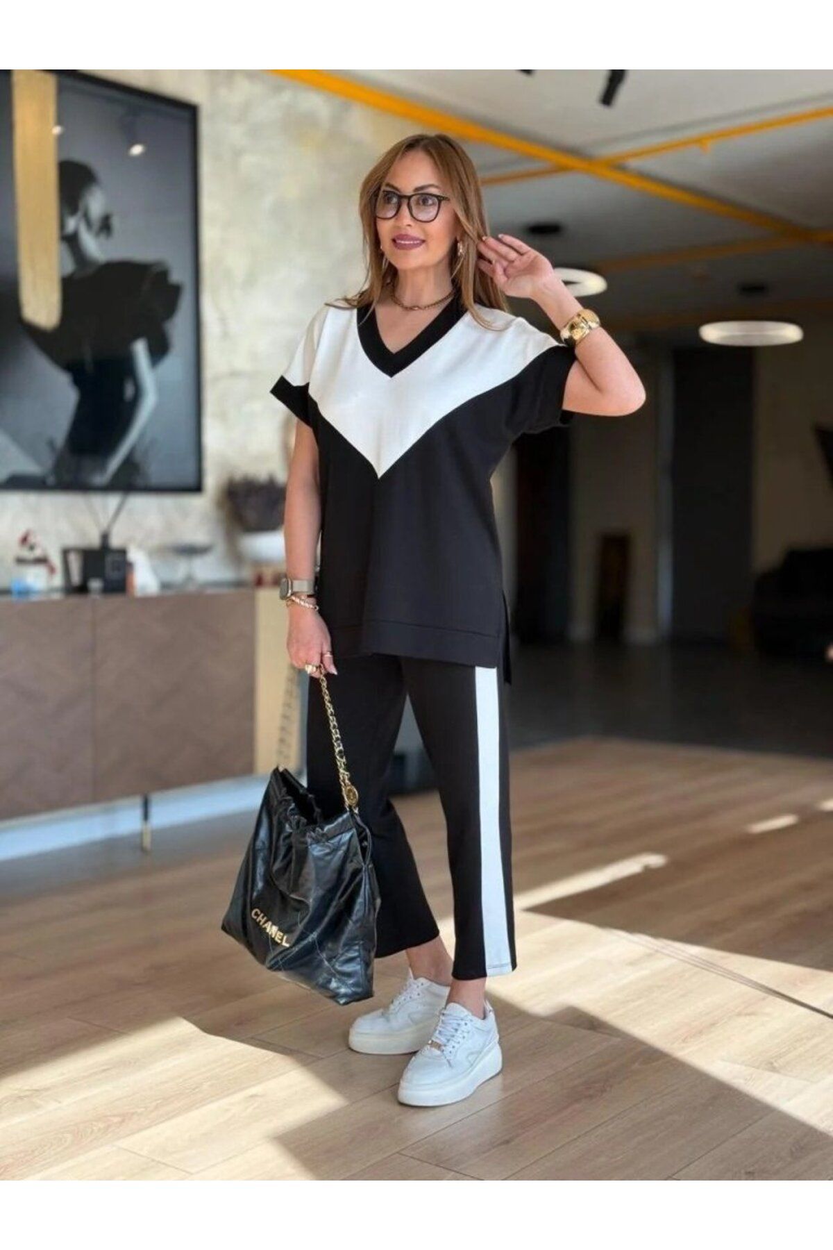 VELİZADE Kısa Kollu V Yaka Konfor Modeli Beli Lastikli Cepli Spor Ve Günlük Viskon İki İplik Eşofman Takımı