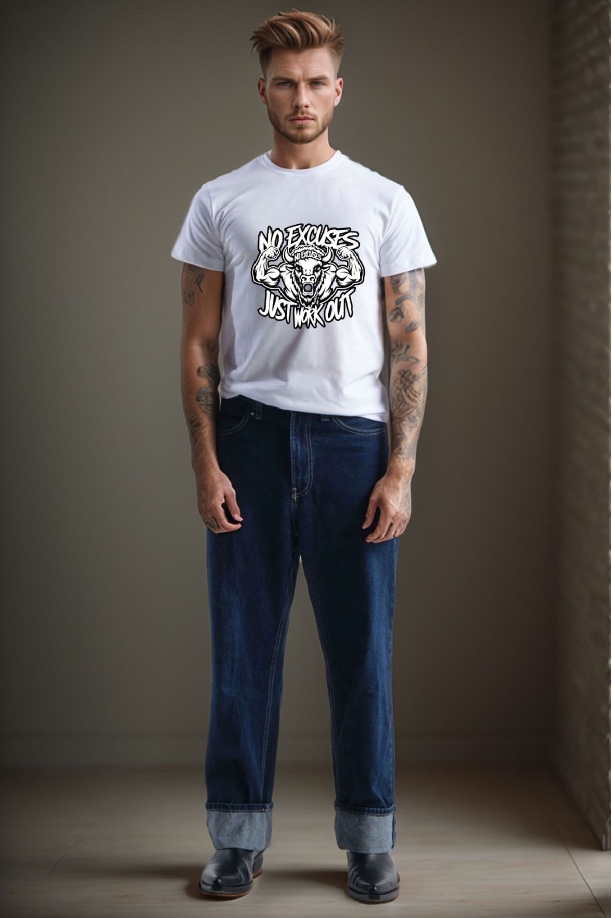 onsrawear MODA Gym Fitness Boğa Baskılı Sporcu %100 Pamuk Regular Fit T-Shirt
