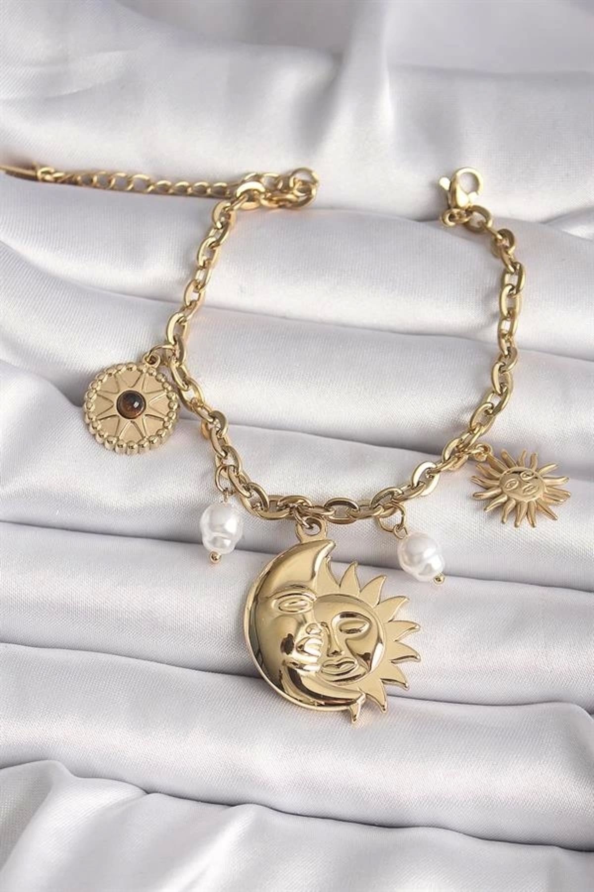 Lale Moda 316L Çelik Gold Renk Ay Dede Güneş Figür Güneş Detay Kadın Bileklik