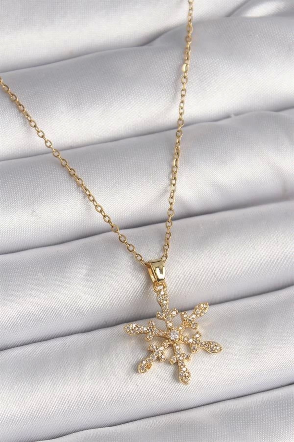 Lale Moda 316L Çelik Gold Renk Zincir Zirkon Taşlı Kar Tanesi Model Kadın Kolye