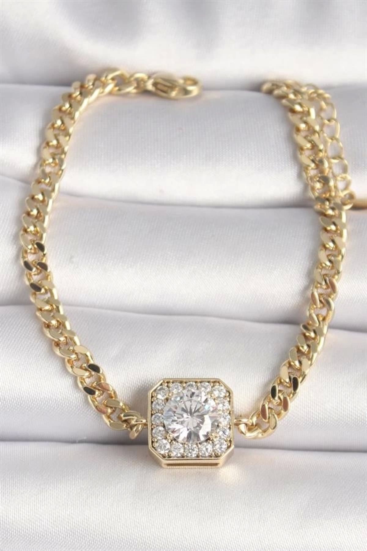 Lale Moda Pirinç Gold Renk Zincir Kare Zirkon Taş Model Xuping VIP Seri Kadın Bileklik