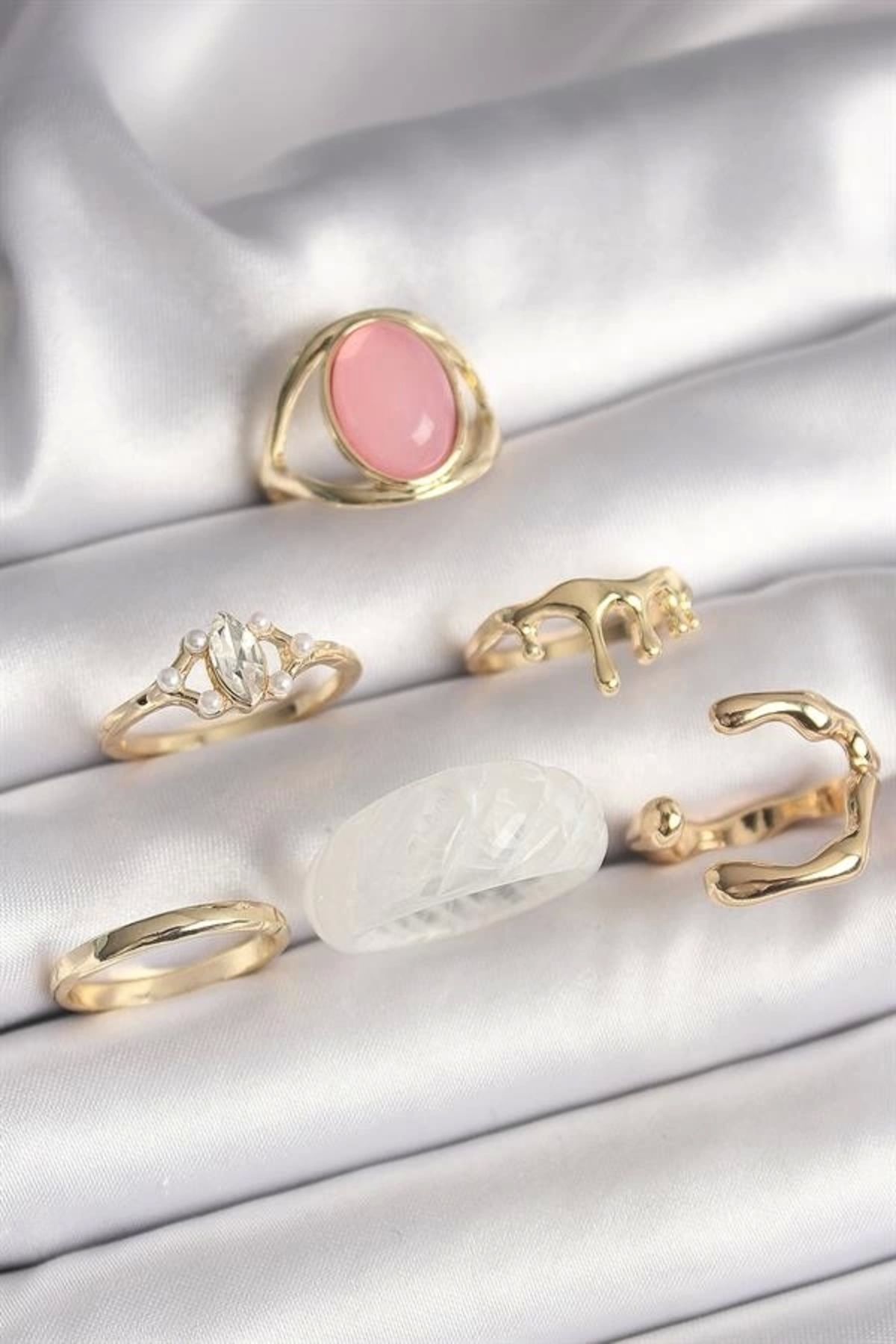 Lale Moda Pirinç Gold Renk Zirkon Taş Detaylı Pembe Mineli 6'Lı Kadın Yüzük Seti