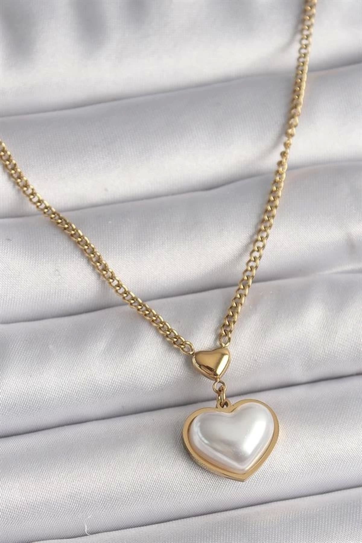 Lale Moda 316L Çelik Gold Renk Zincir 3D İnci Kalp Model Kadın Kolye