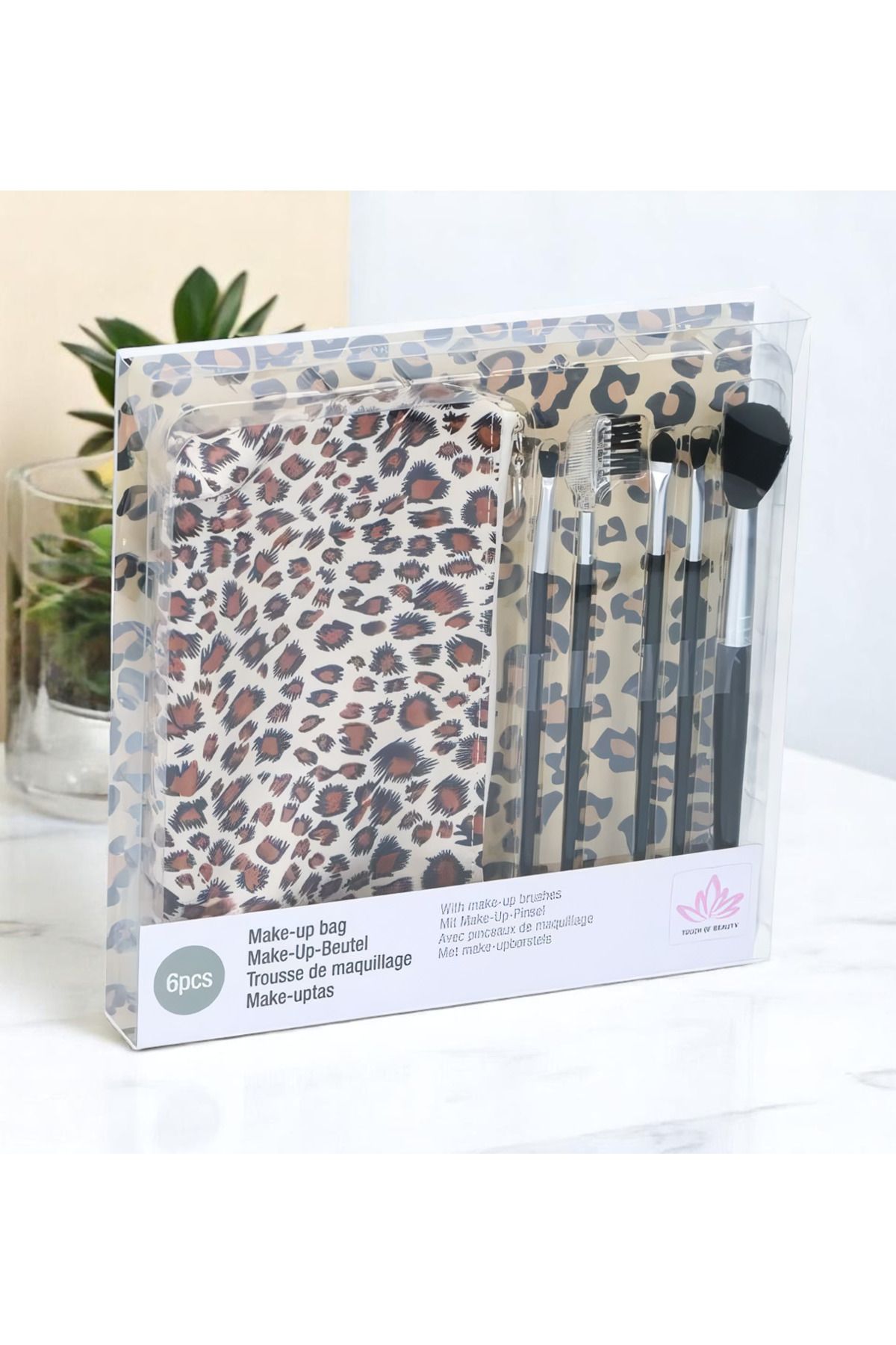 Genel Markalar Touch Of Beauty Makyaj Fırça Seti 5li Make-Up Brush Seti Çanta Boy & Leopar Desenli Çanta