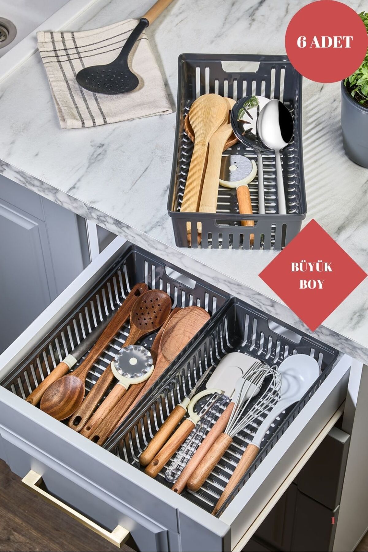 ALP HOME Büyük Boy Antrasit 6'Lı Set Modüler Kaşıklık Ve Kepçelik Çekmece Içi Düzenleyici Mutfak Organizer