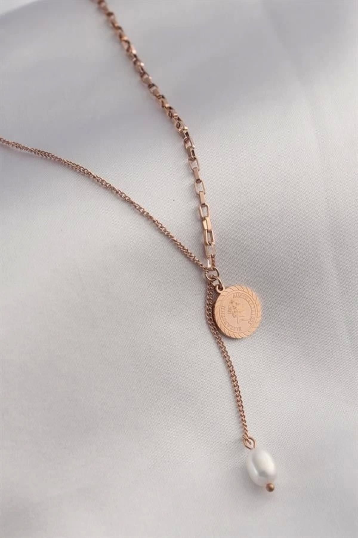 Lale Moda 316L Çelik Rose Renk İşlemeli Sallantılı Kadın Kolye