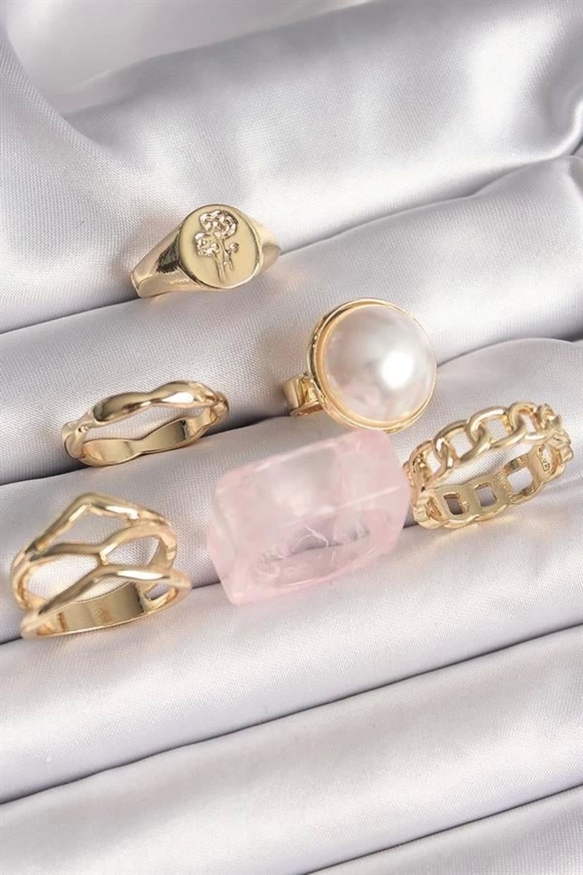 Lale Moda Pirinç Gold Renk Daire 3D İncili Figür Zincir Model Gül İşleme Detaylı 6'Lı Kadın Yüzük Seti