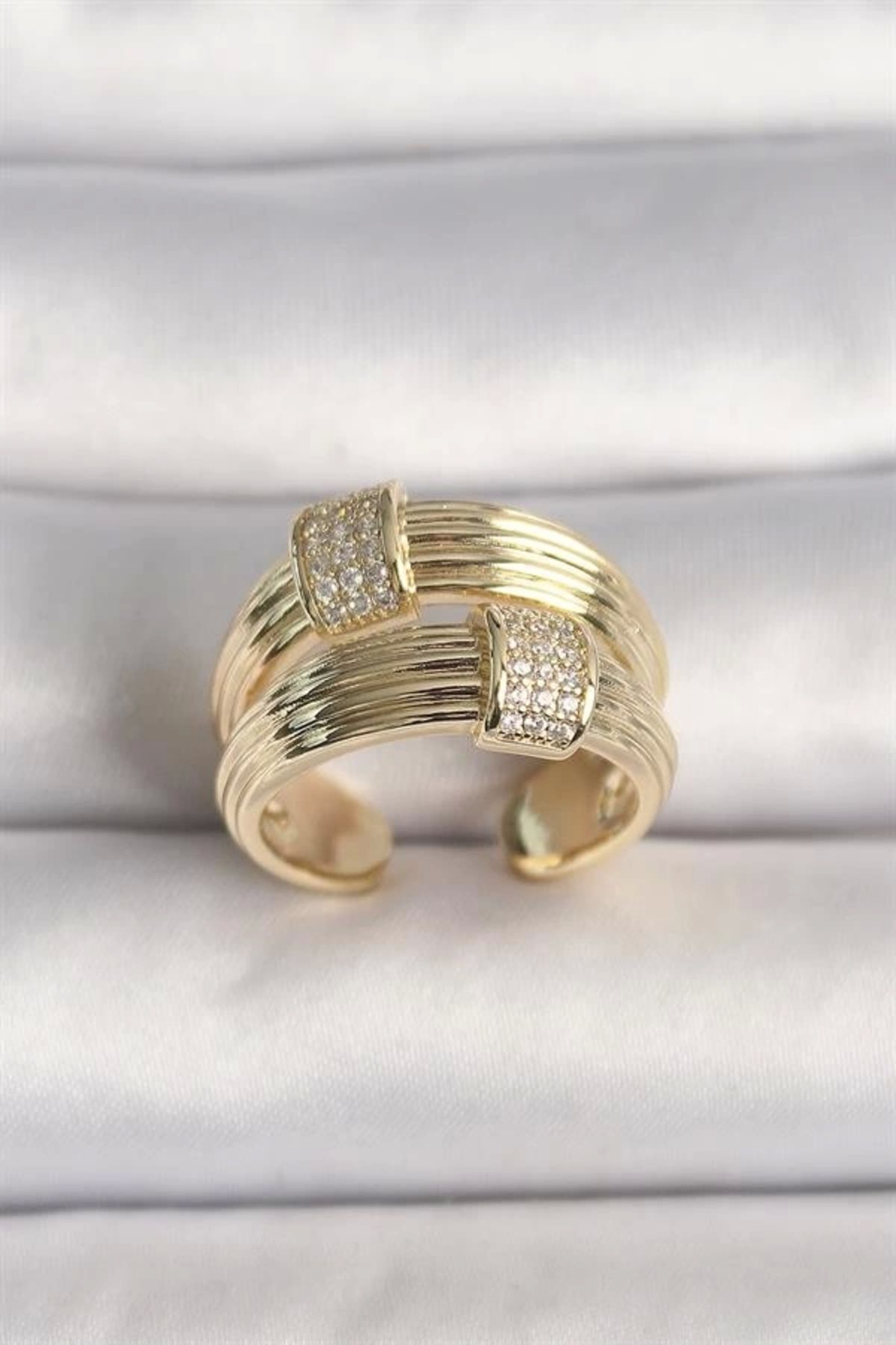Lale Moda Pirinç Gold Renk Ayarlanabilir Zirkon Taşlı Kadın Yüzük