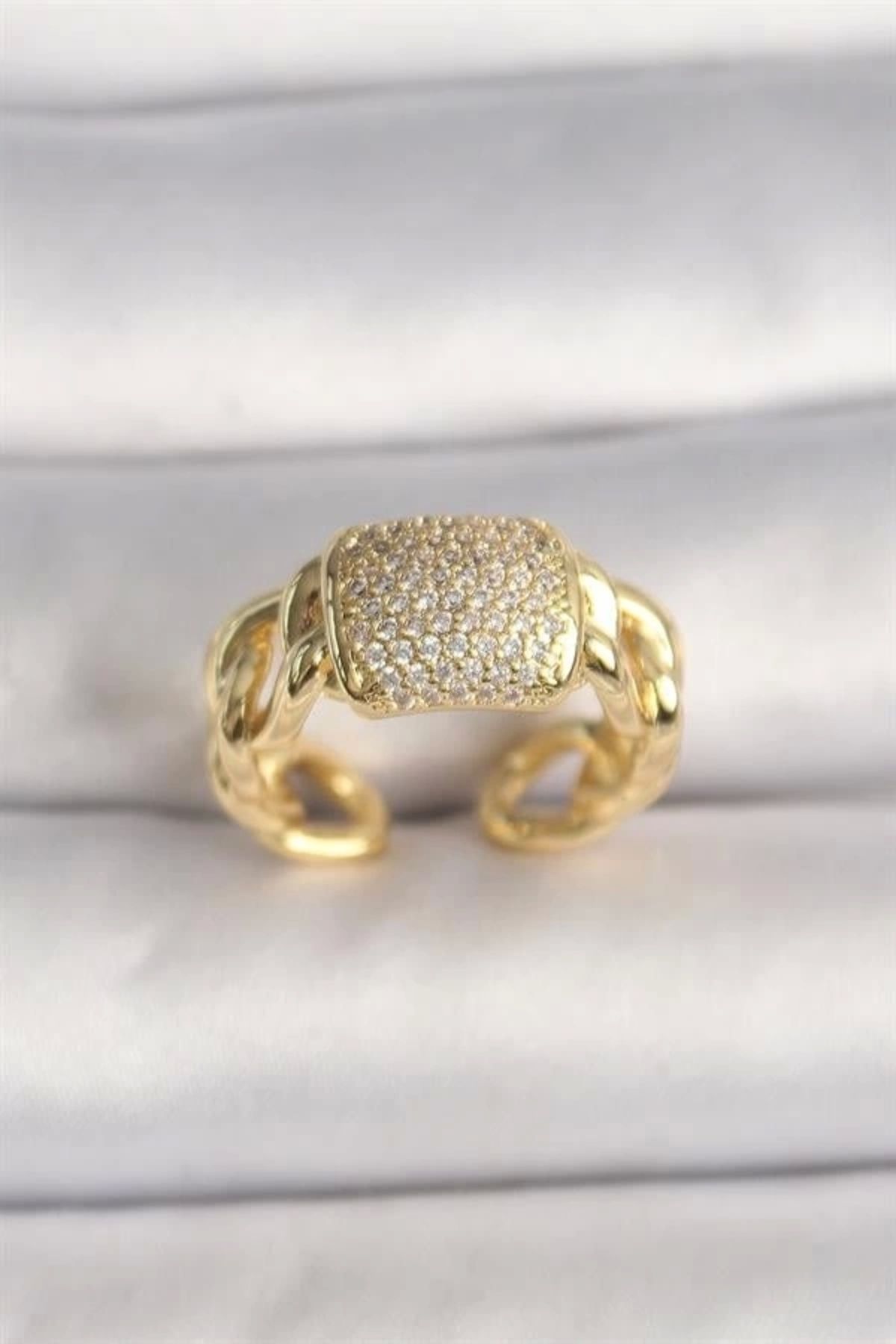 Lale Moda Pirinç Gold Renk Ayarlanabilir Zirkon Taşlı Kadın Yüzük