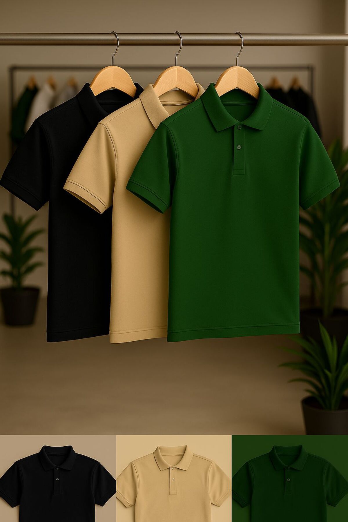 EKZMODA Regular Fit Zümrüt Bej Siyah 3lü Set Erkek Polo Yakalı T-shirt