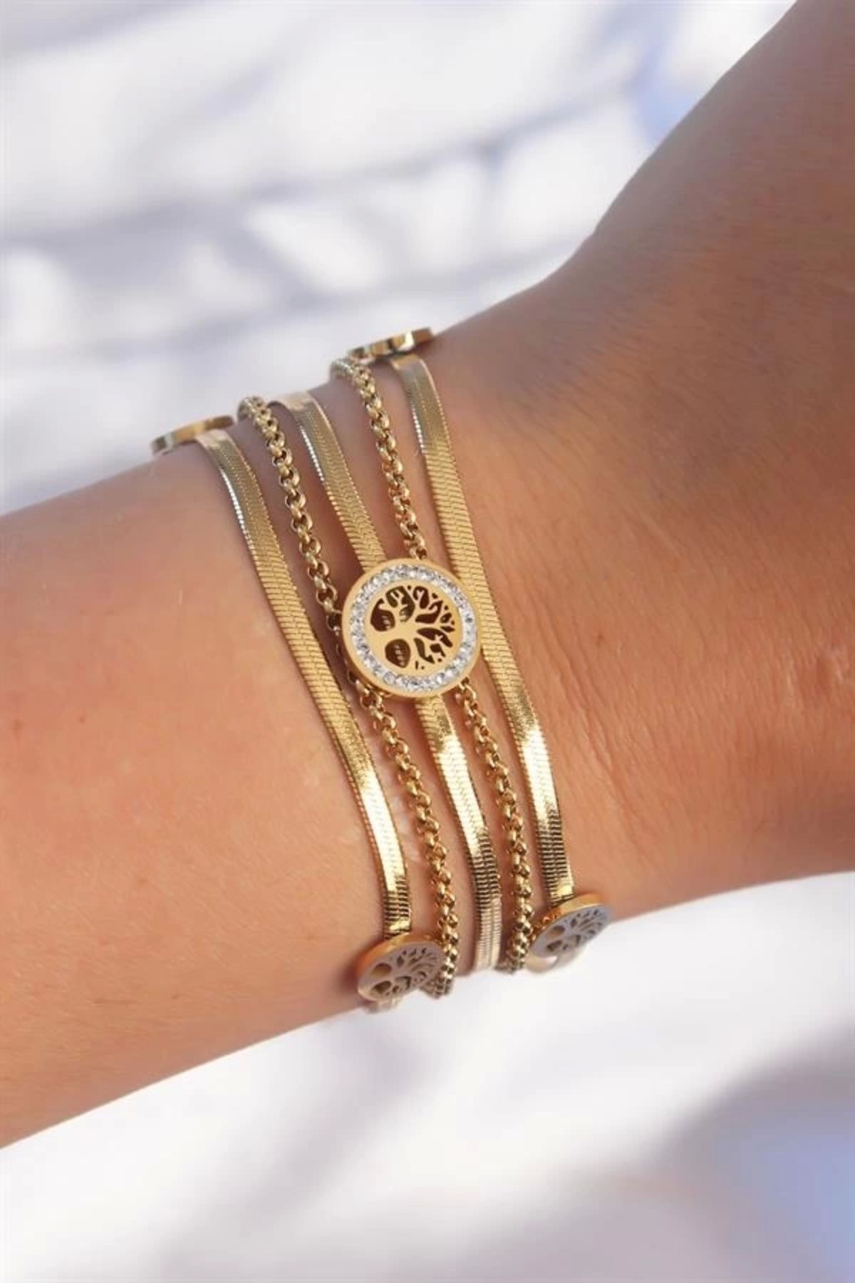 Lale Moda 316L Çelik Gold Renk İtalyan Zincir Detaylı Zirkon Taşlı Yaşam Ağacı Tasarımlı Çoklu Bileklik