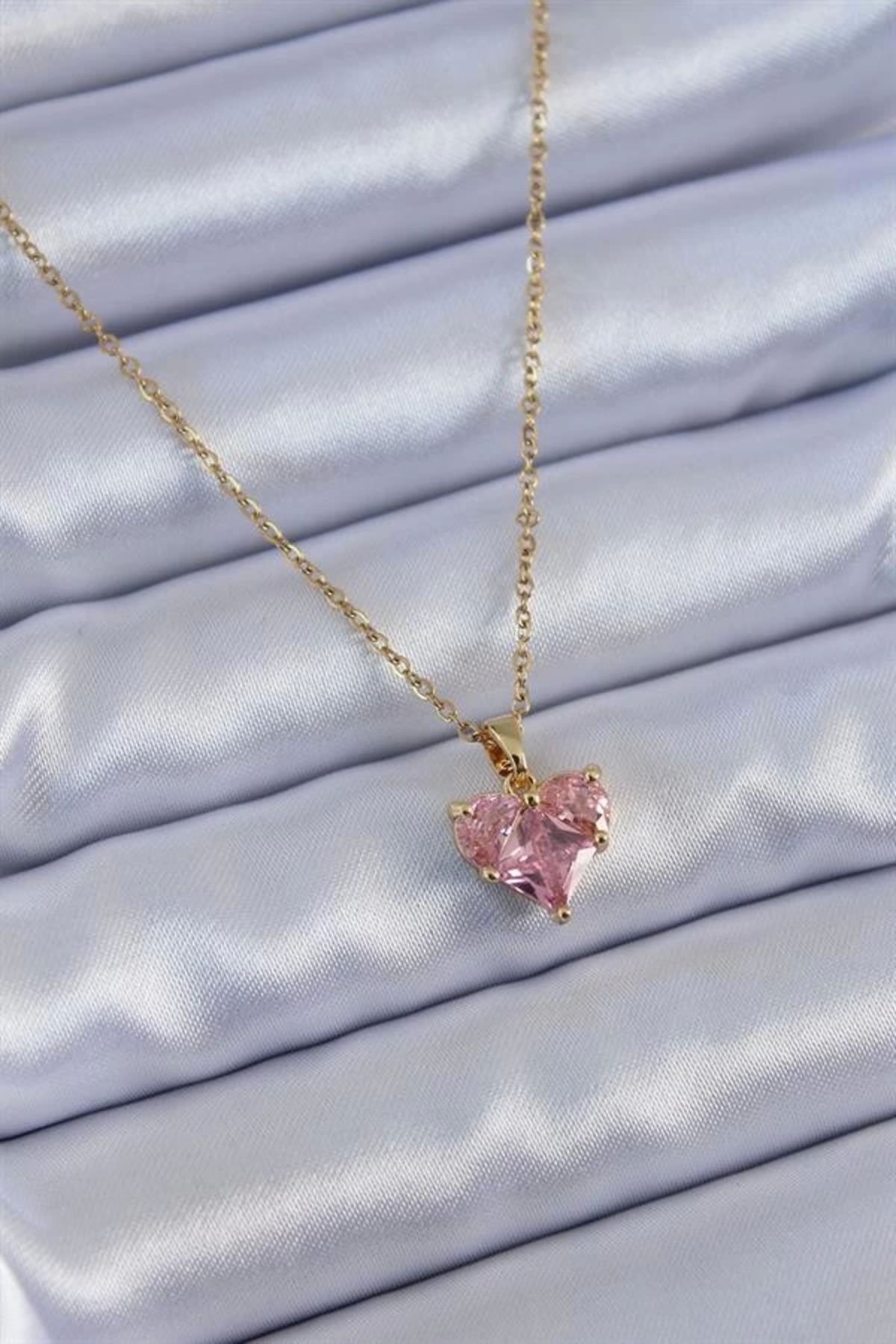 Lale Moda 316L Çelik Gold Renk Kristal Kalp Model Kadın Kolye