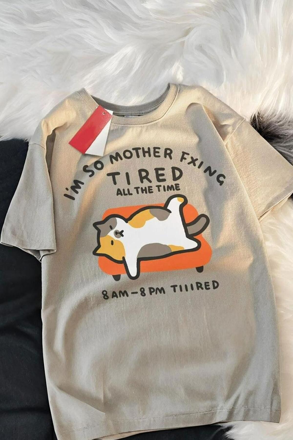 Karakedi Tired All The Time Cat Bej Unisex Tshirt