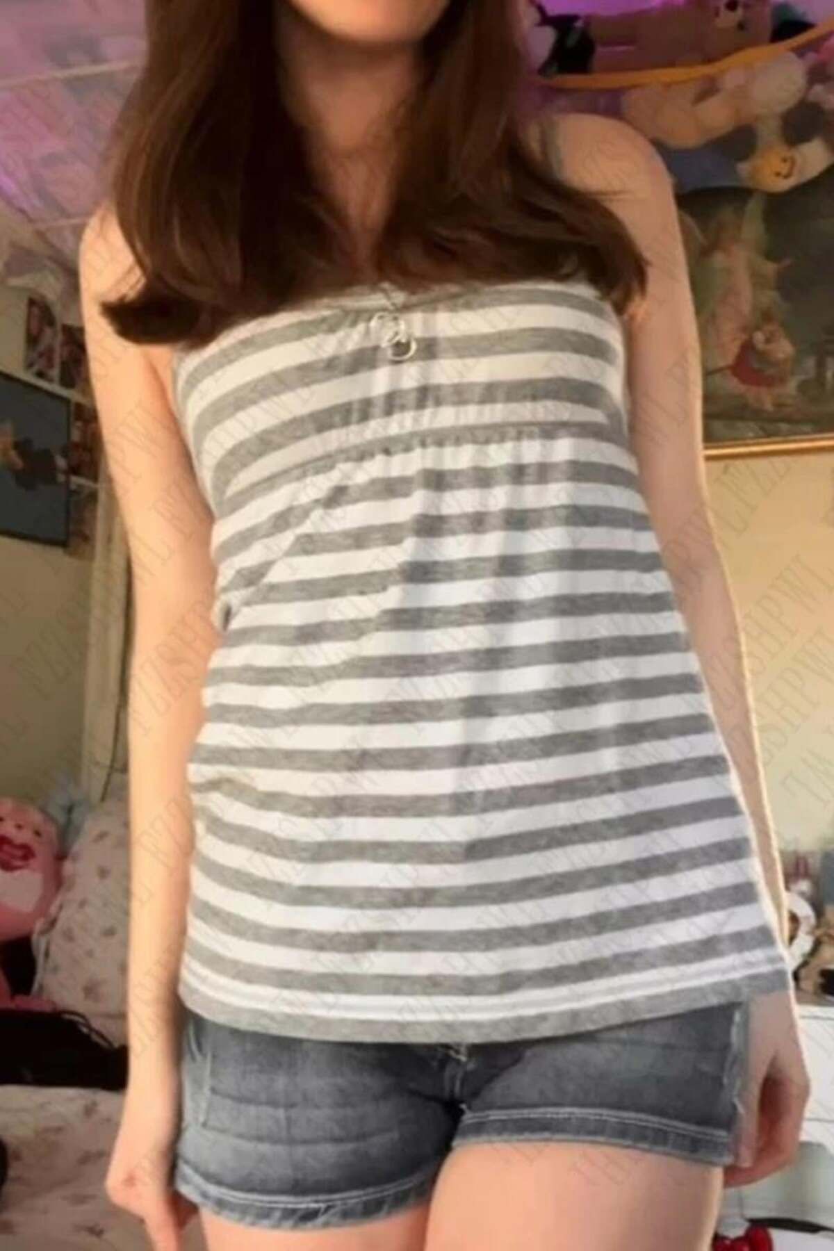 Karakedi Gri Beyaz Çizgili Basic Salaş Askılı Body