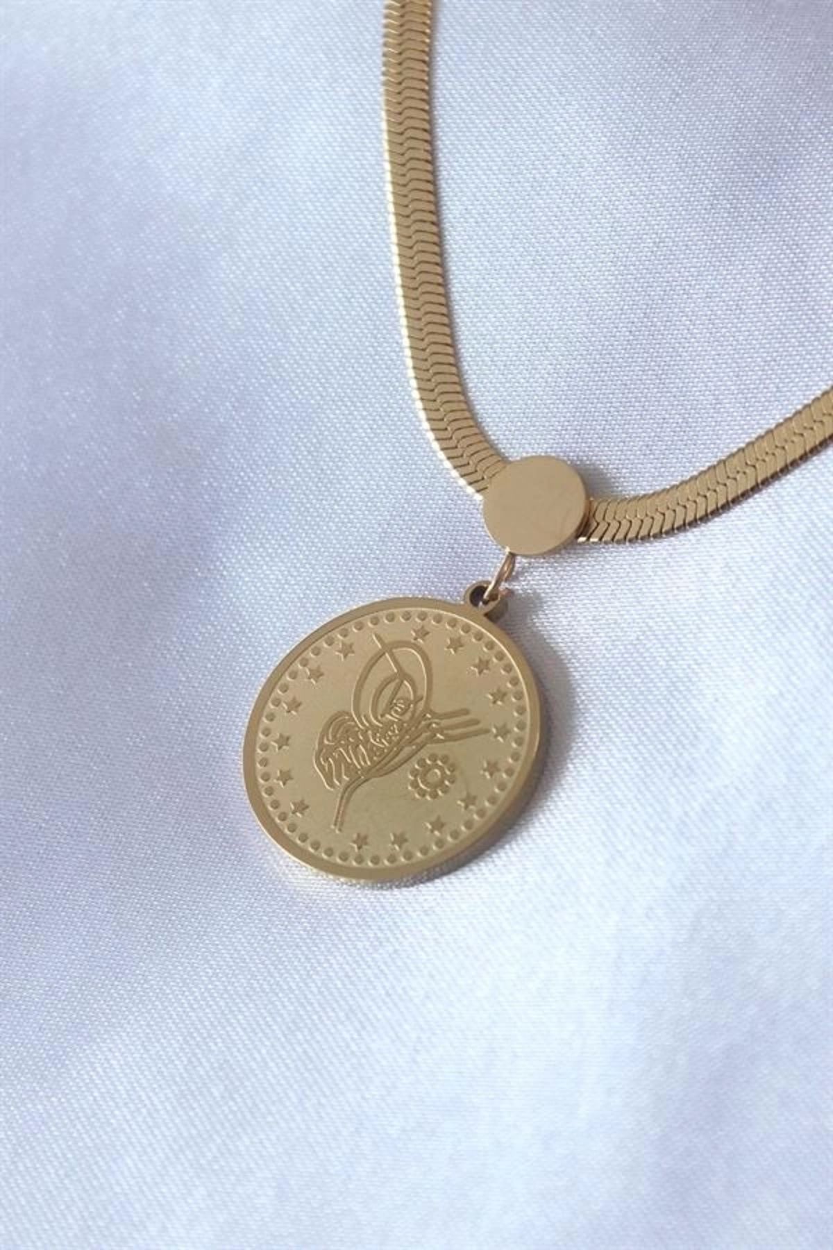 Lale Moda 316L Çelik Gold Renk İtalyan Zincir Model Osmanlı Tuğra Model Kadın Kolye