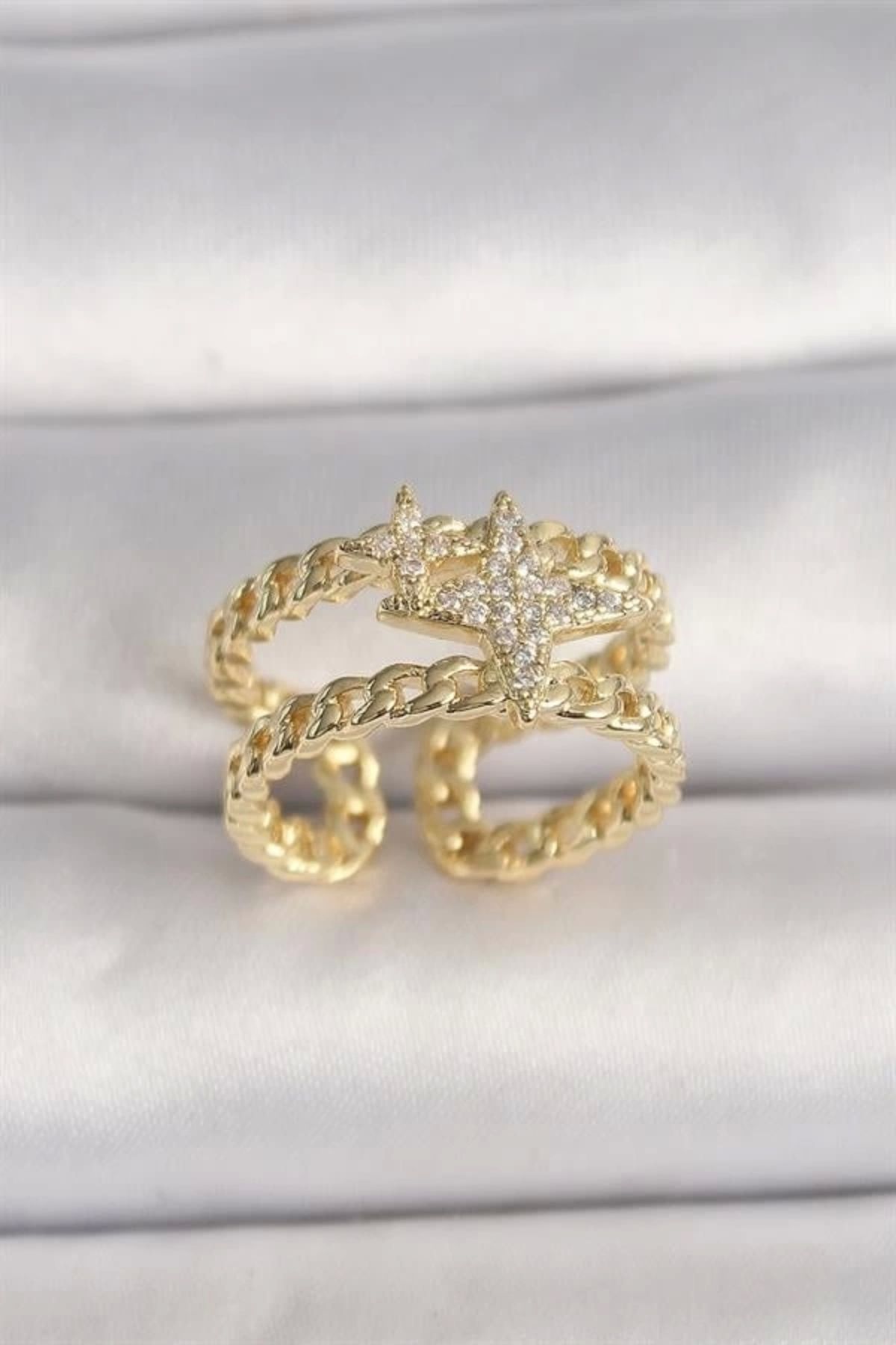 Lale Moda Pirinç Gold Renk 2'Li Zincir Zirkon Taşlı Yıldız Figür Kadın Yüzük
