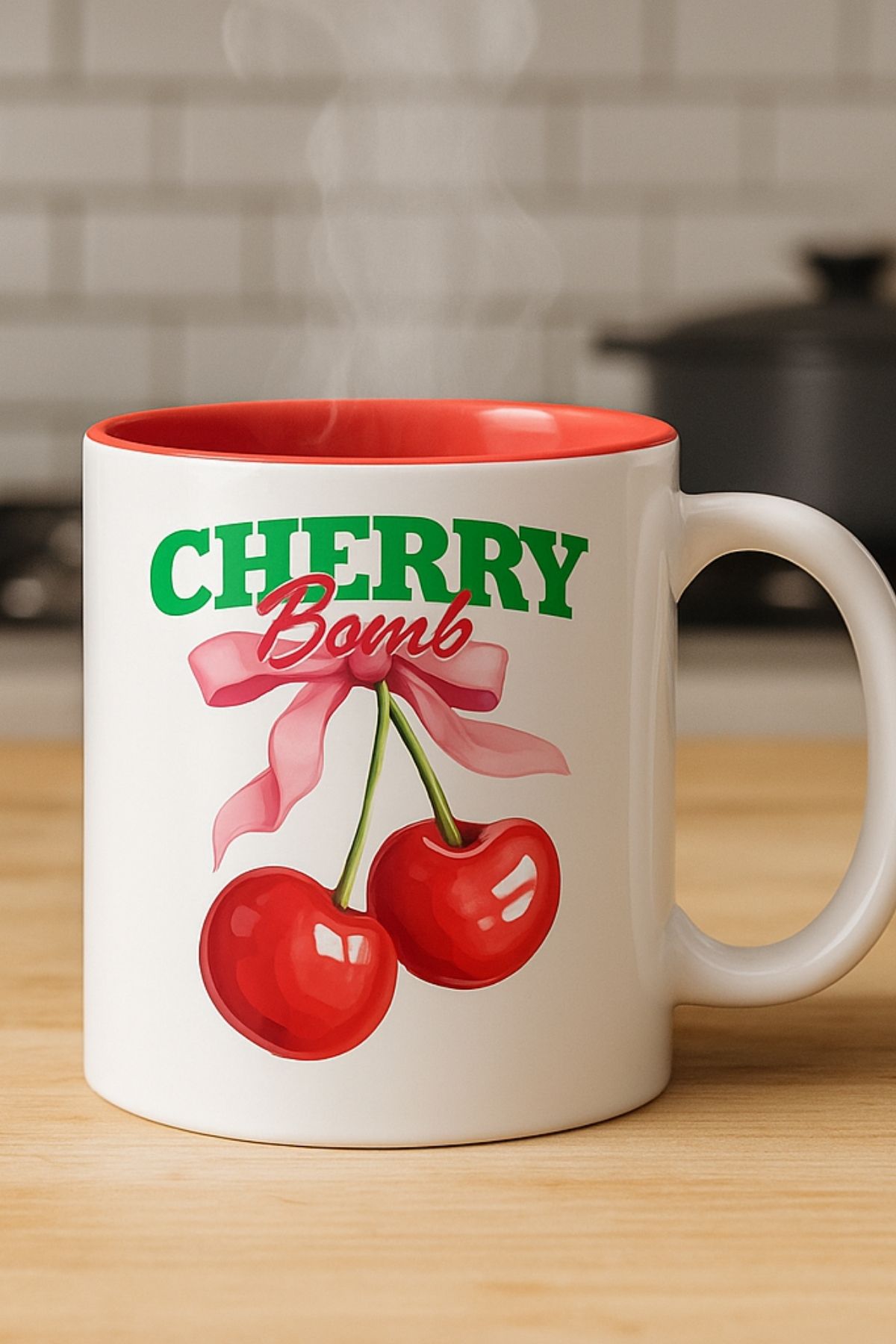 GENGSİ Cherry Bomb Klasik Kulplu Porselen Kupa Bardak 280 ml