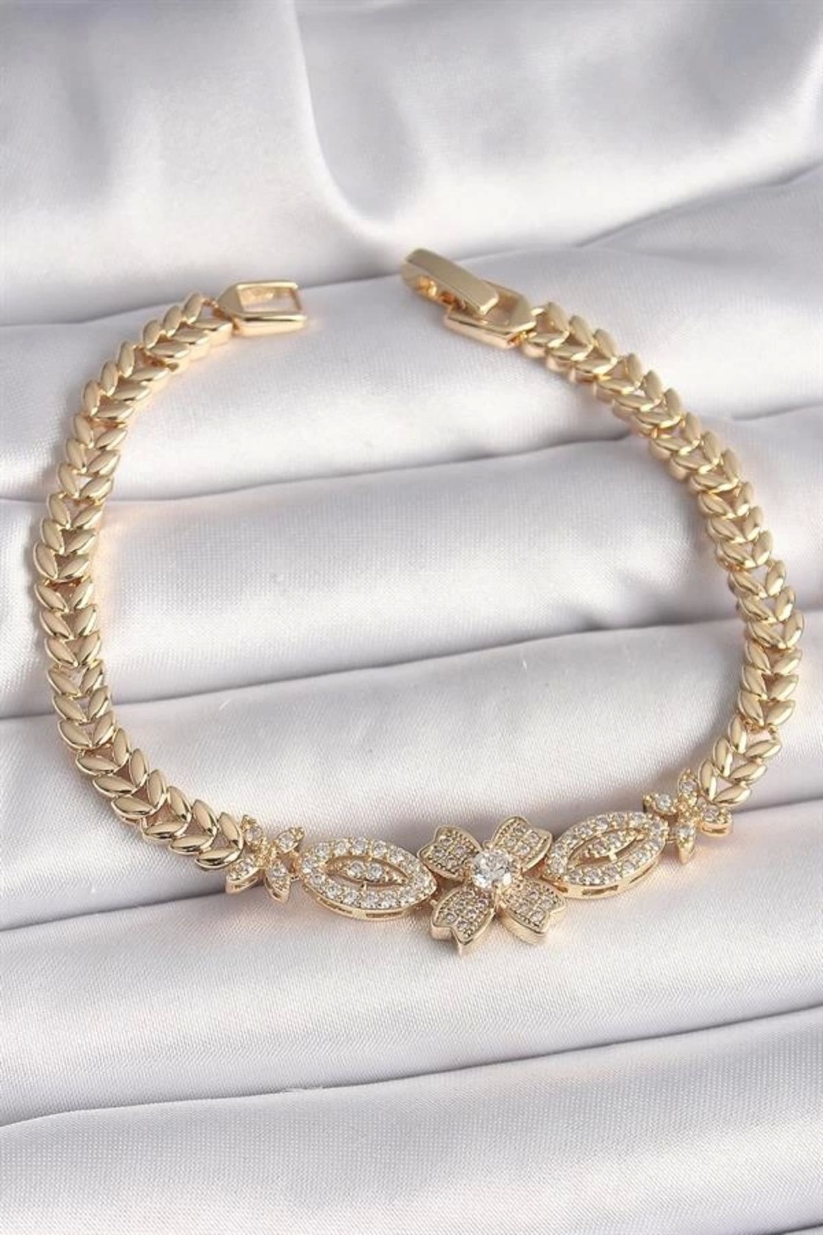 Lale Moda Pirinç Gold Renk Zirkon Taşlı Çiçek Figür Arpa Zincir Model Kadın Bileklik