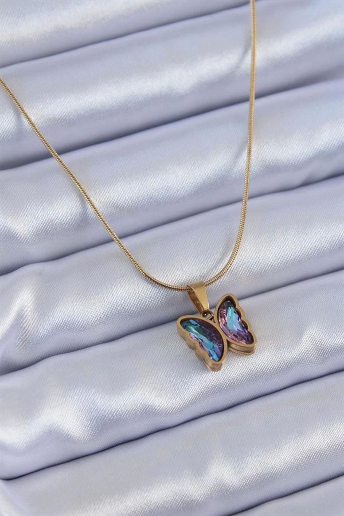 Lale Moda 316L Çelik Gold Renk Mor Kristal Taşlı Kelebek Model Kadın Kolye