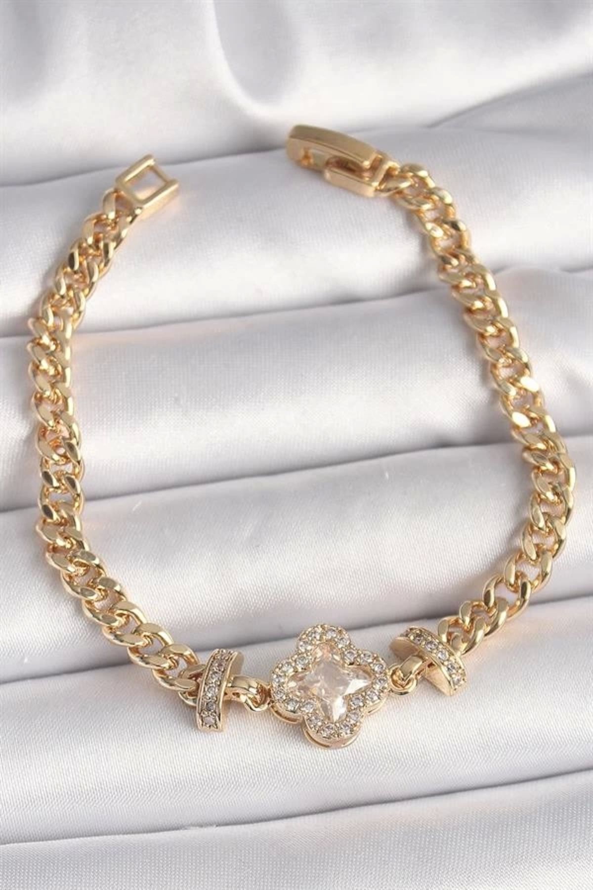 Lale Moda Pirinç Gold Renk Zirkon Taşlı Yonca Figür Zincir Model Kadın Bileklik
