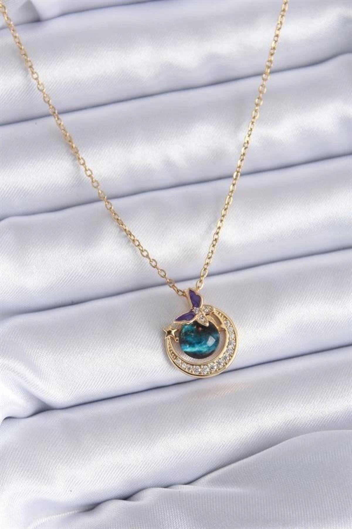 Lale Moda 316L Çelik Gold Renk Zirkon Taşlı Hilal Gezegen Model Kadın Kolye