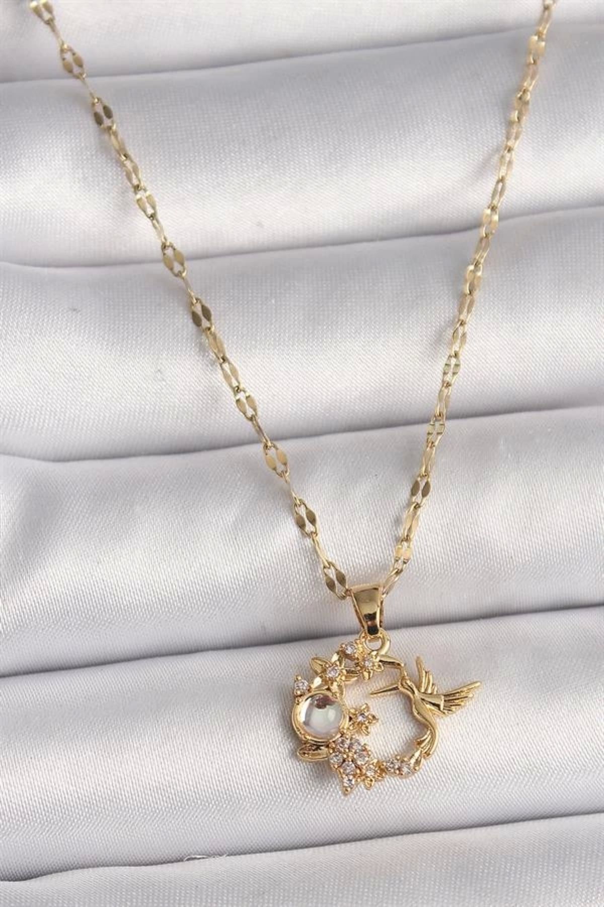 Lale Moda 316L Çelik Gold Renk Zincir Zirkon Taşlı Sinek Kuşu Figür Çiçek Figür Kadın Kolye