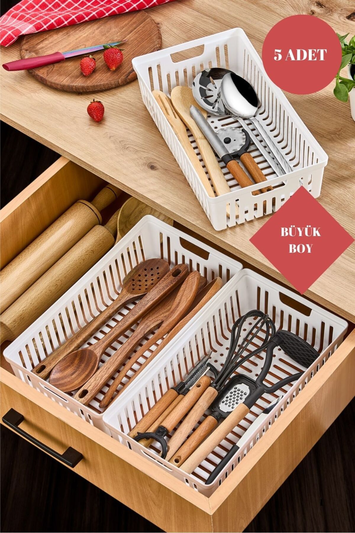 ALP HOME Büyük Boy Beyaz 5'Li Set Modüler Kaşıklık Ve Kepçelik Çekmece Içi Düzenleyici Mutfak Organizer