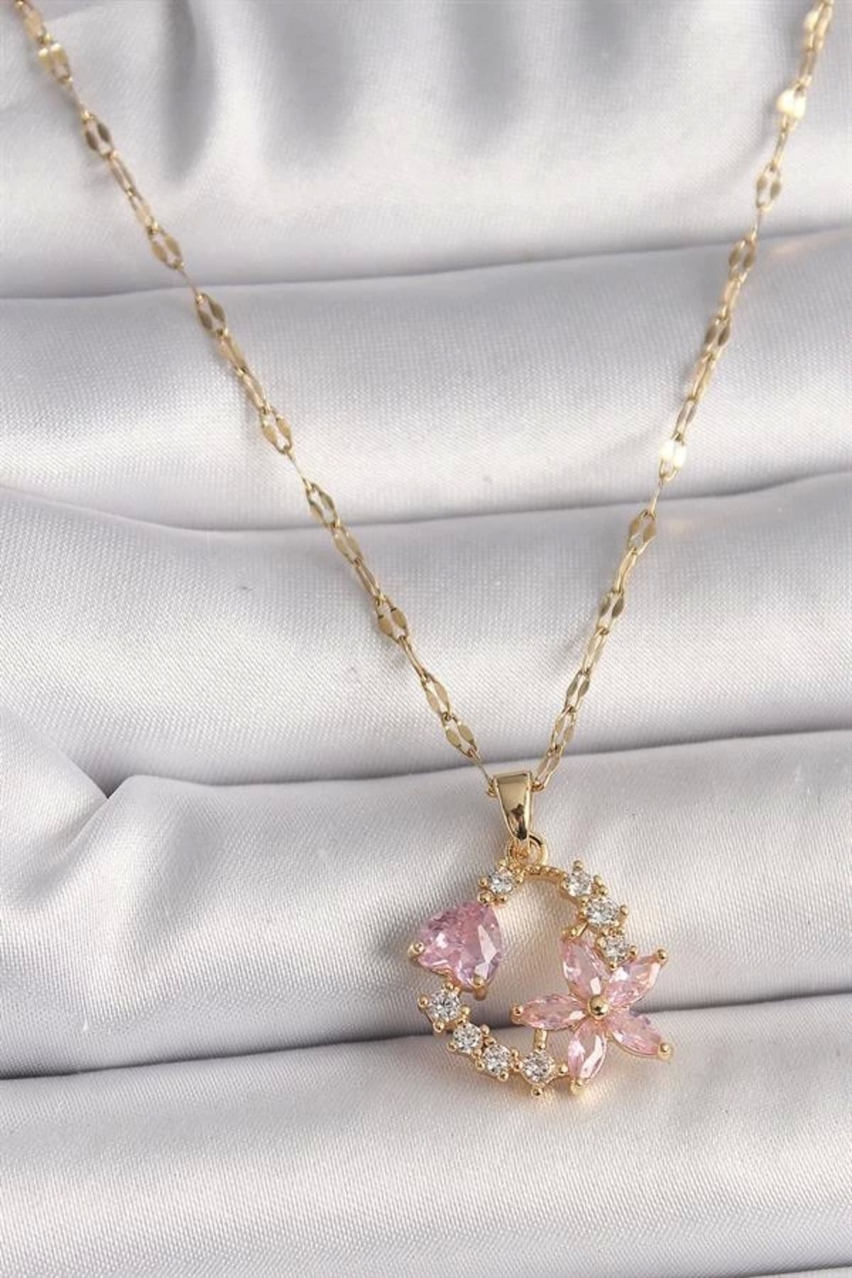 Lale Moda 316L Çelik Gold Renk Zincir Pembe Zirkon Taşlı Çiçek Figür Kalp Detay Kadın Kolye