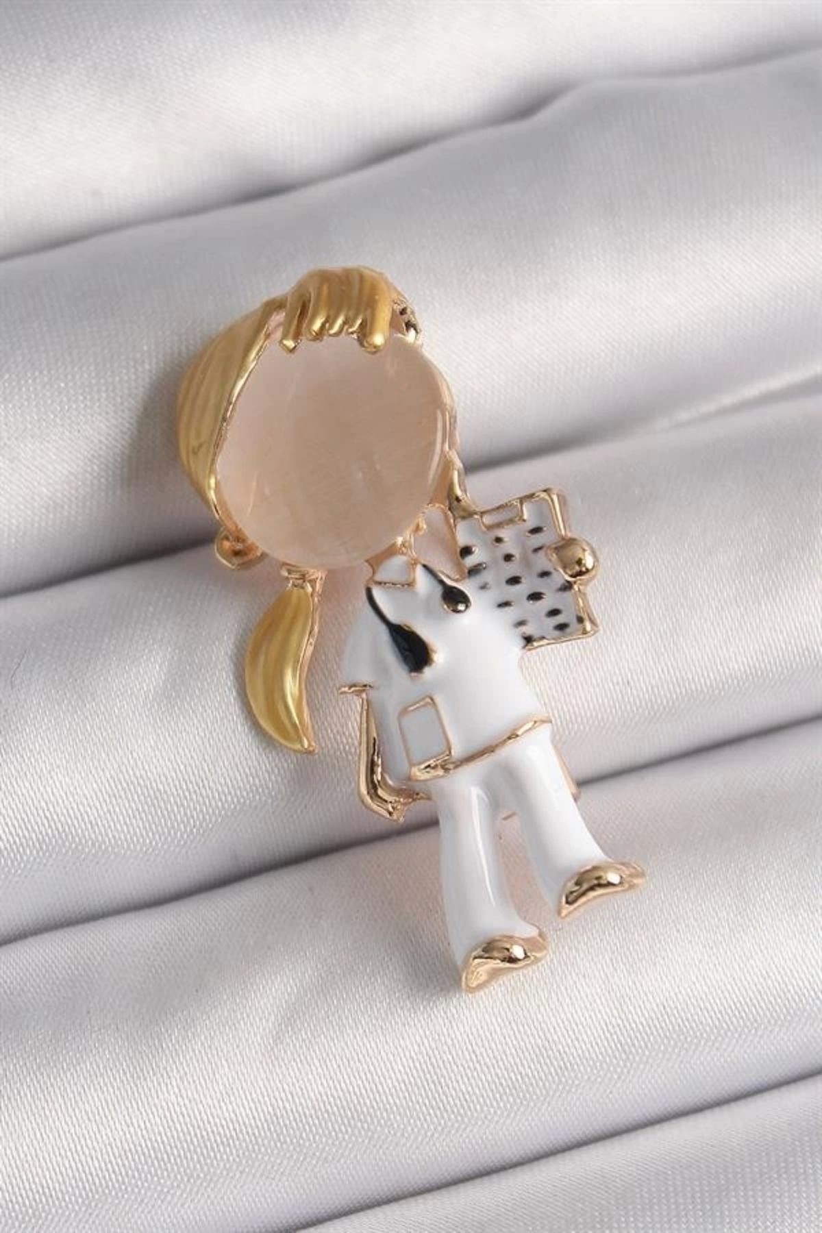 Lale Moda Pirinç Gold Renk Beyaz Mineli Doktor Model Kadın Broş