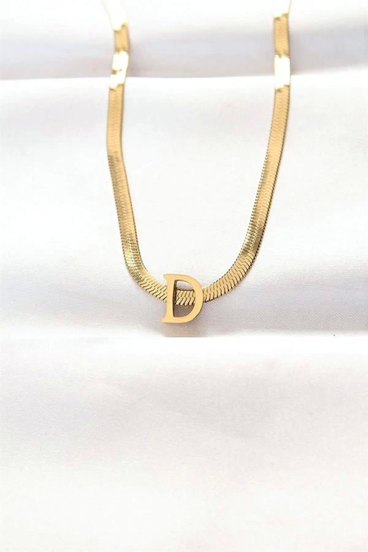 Lale Moda 316L Çelik D Harfli Gold Renk İtalyan Zincirli Kolye