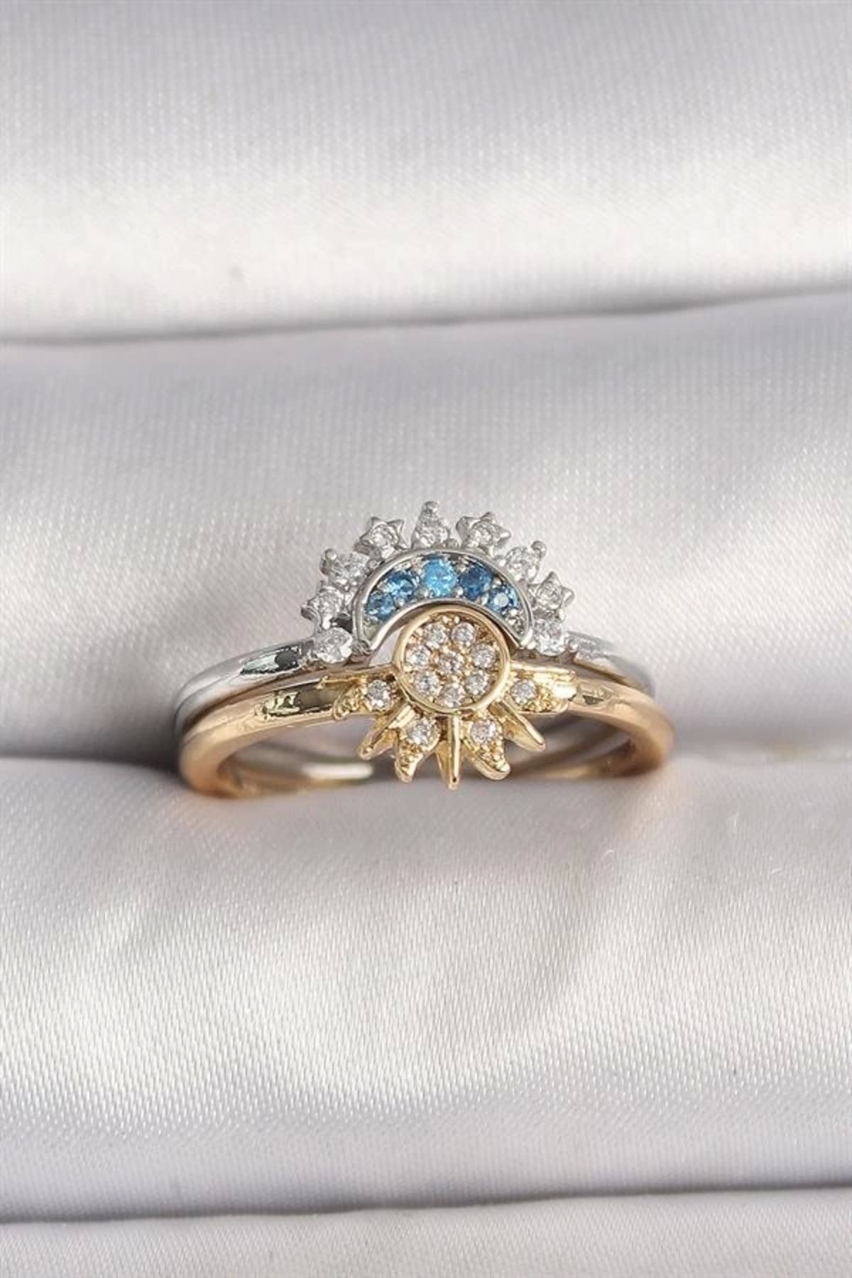 Lale Moda Pirinç Mix Renk Ayarlanabilir Zirkon Taşlı Ay Güneş Model Kadın Yüzük