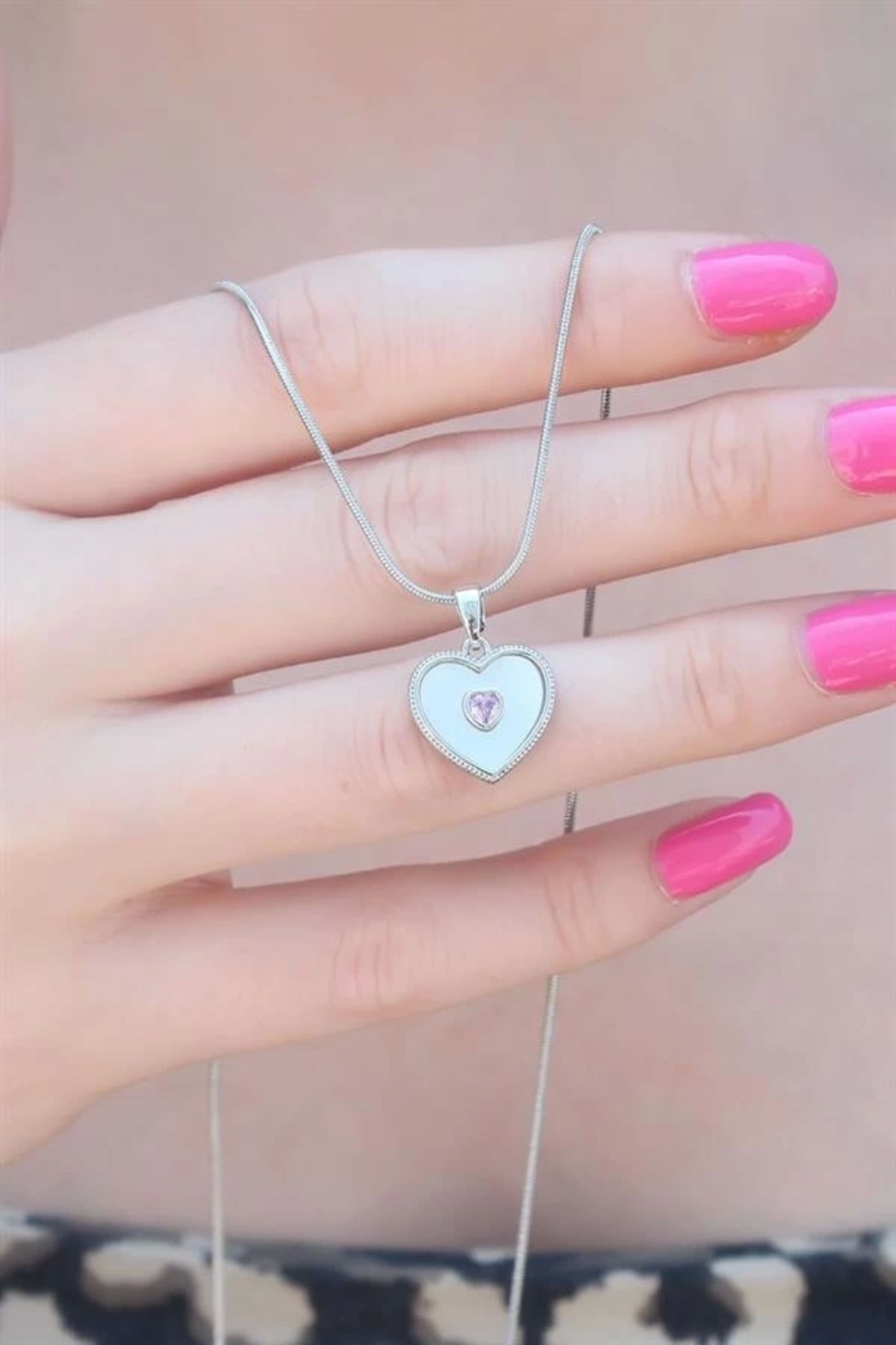 Lale Moda 316L Çelik Gümüş Renk Kalp Model Pembe Kalp Zirkon Taş Detay Kadın Kolye