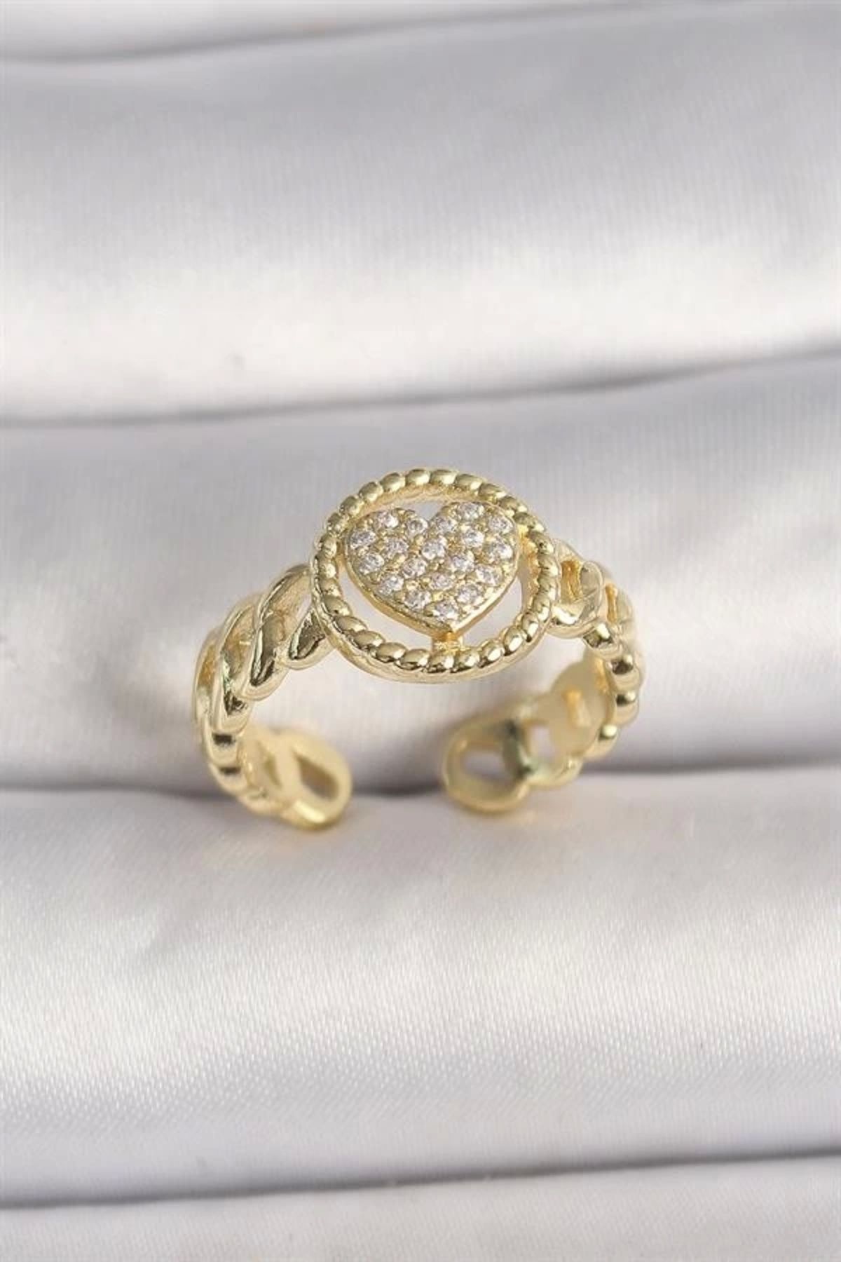 Lale Moda Pirinç Gold Renk Ayarlanabilir Zirkon Taşlı Kalp Model Kadın Yüzük