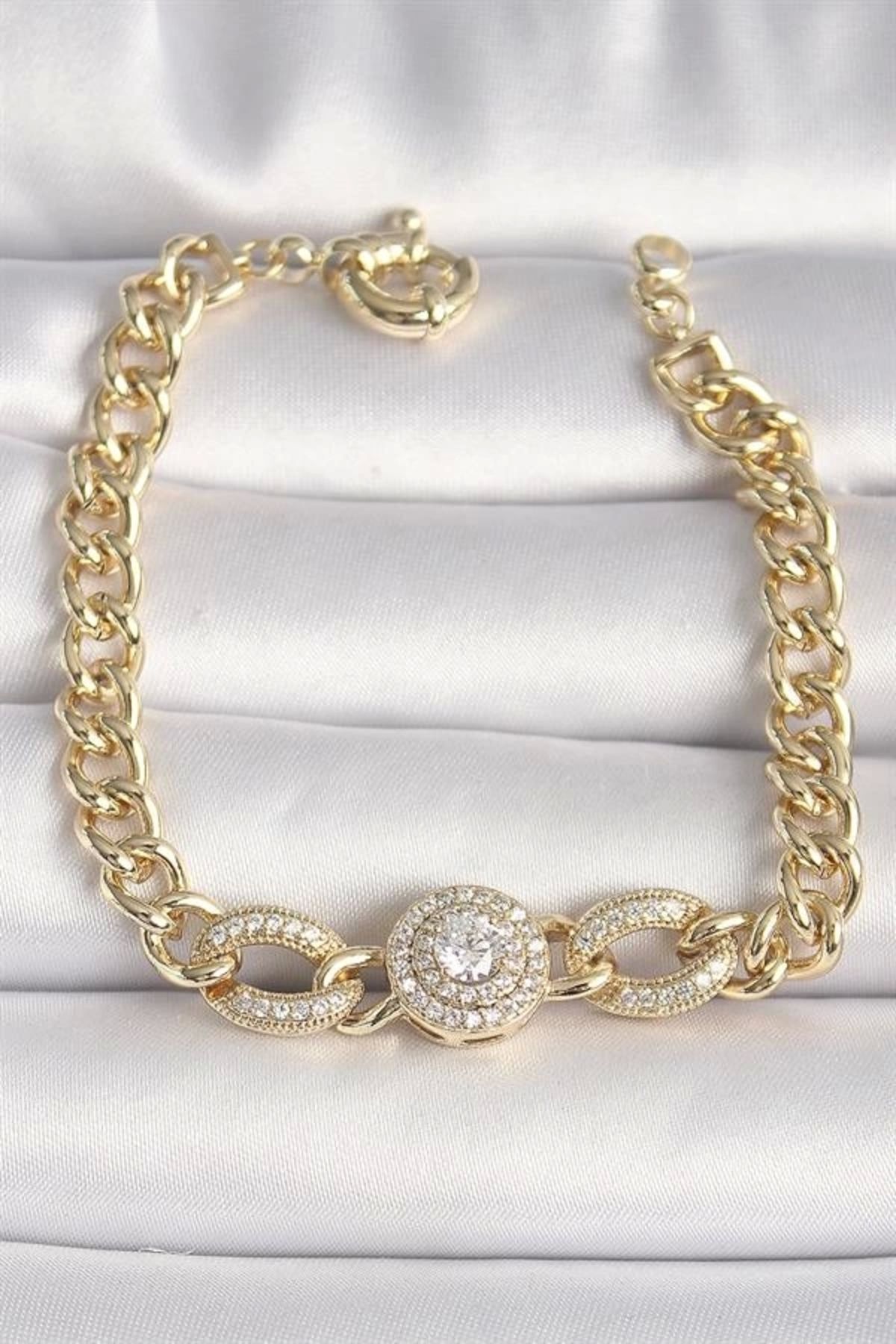Lale Moda Pirinç Gold Renk Zincir Daire Zirkon Taşlı Xuping VIP Seri Kadın Bileklik