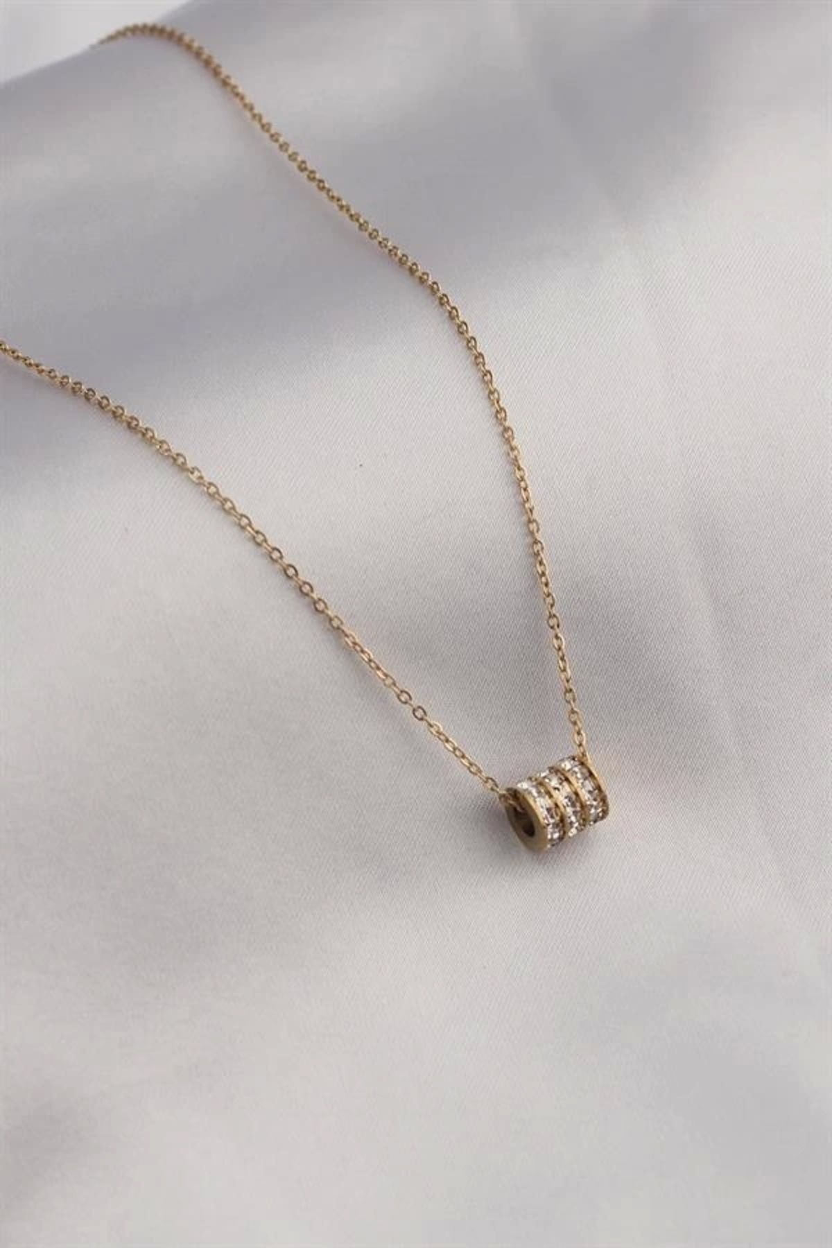 Lale Moda 316L Çelik Gold Renk Zirkon Taşlı Kadın Kolye