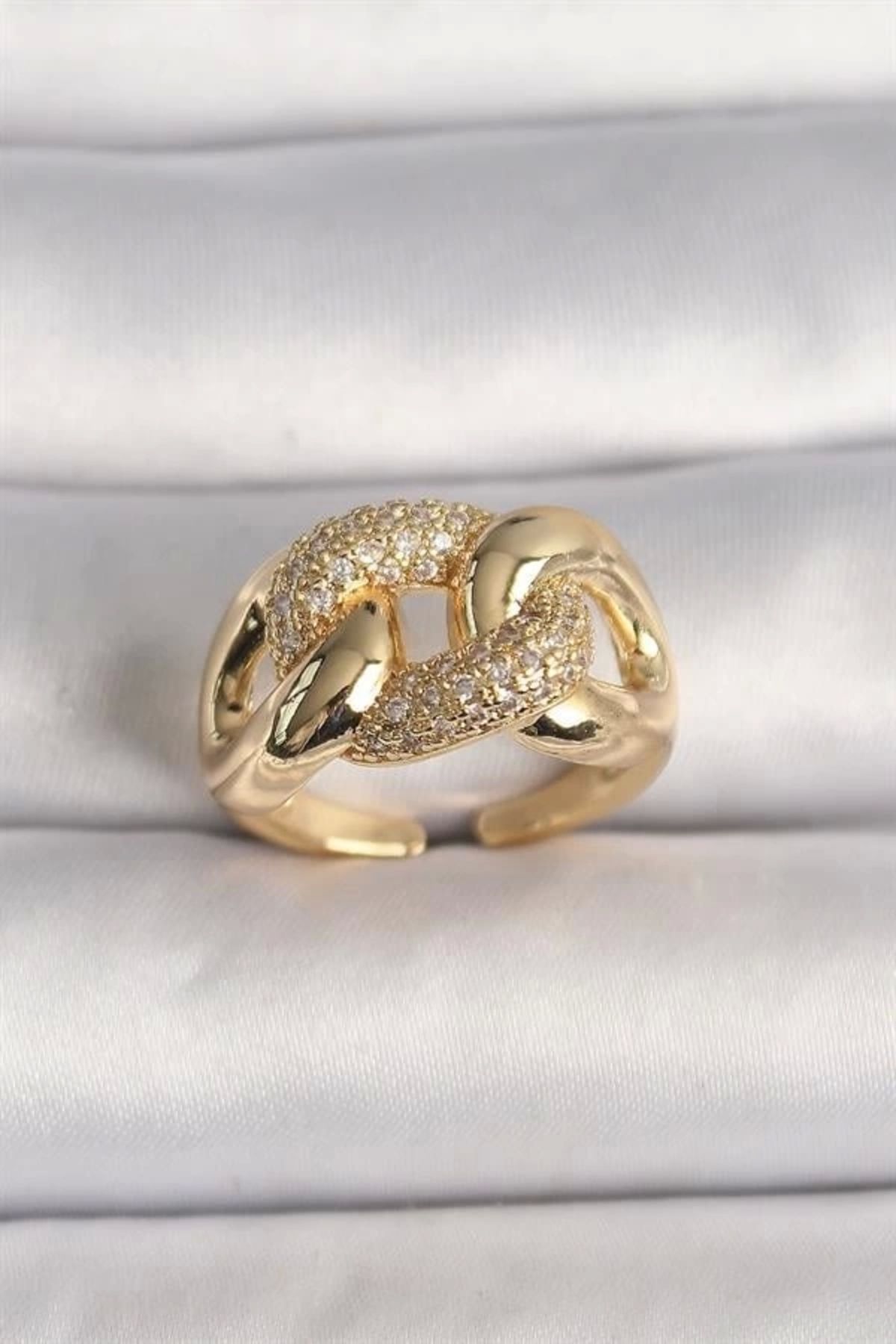 Lale Moda Pirinç Gold Renk Ayarlanabilir Zirkon Taşlı Zincir Model Kadın Yüzük