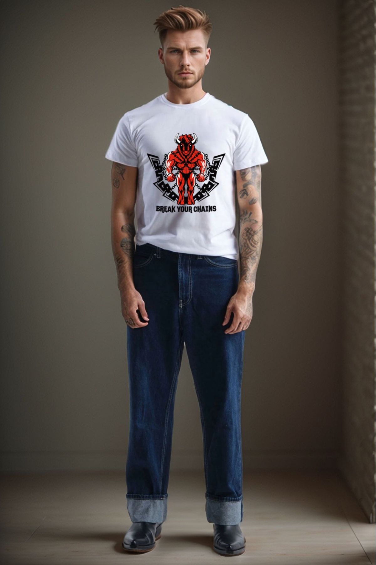 MODA Motivasyon Temalı Kırmızı Boğa %100 Pamuk Bisiklet Yaka Basic T-shirt