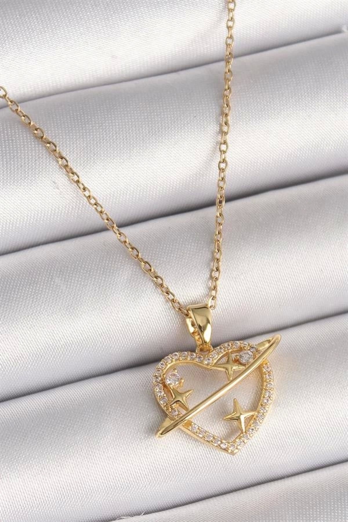 Lale Moda 316L Çelik Gold Renk Zincir Zirkon Taşlı Kalp Model Yıldız Detay Kadın Kolye