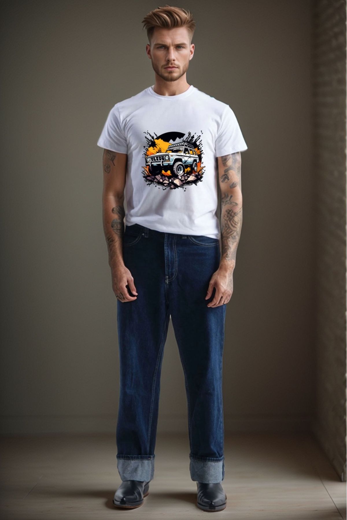 MODA Off-Road Tutkunlarına Özel 4X4 Baskılı %100 Pamuk Bisiklet Yaka Basic T-shirt