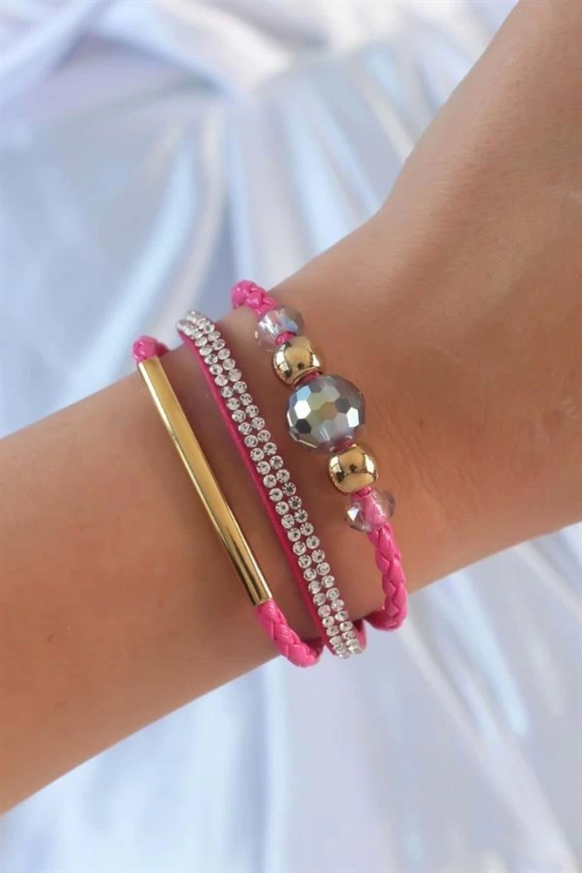 Lale Moda Pembe Renk Zirkon Taşlı Deri Çoklu Bileklik