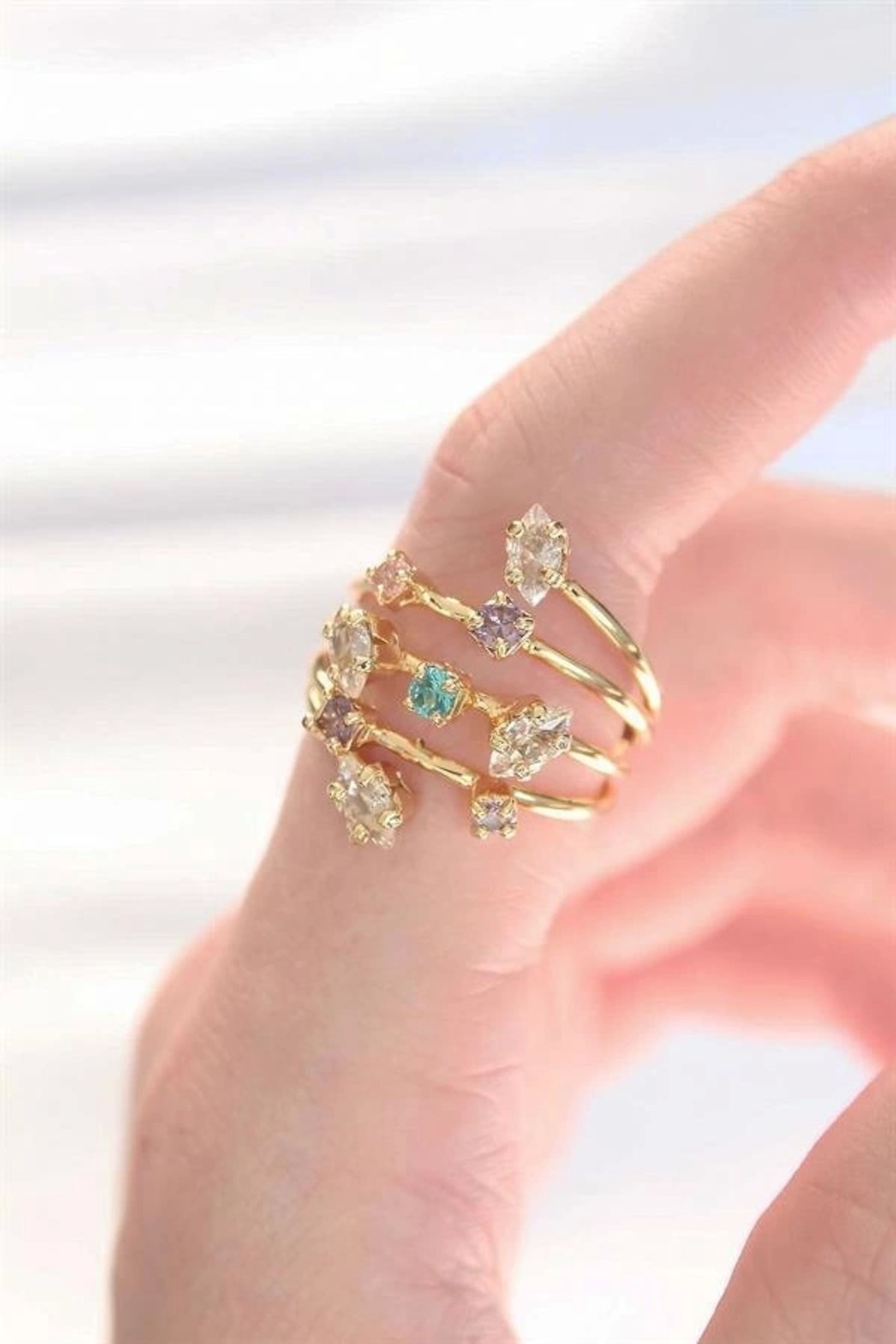 Lale Moda Renkli Zirkon Taşlı Gold Renk Ayarlanabilir Yüzük