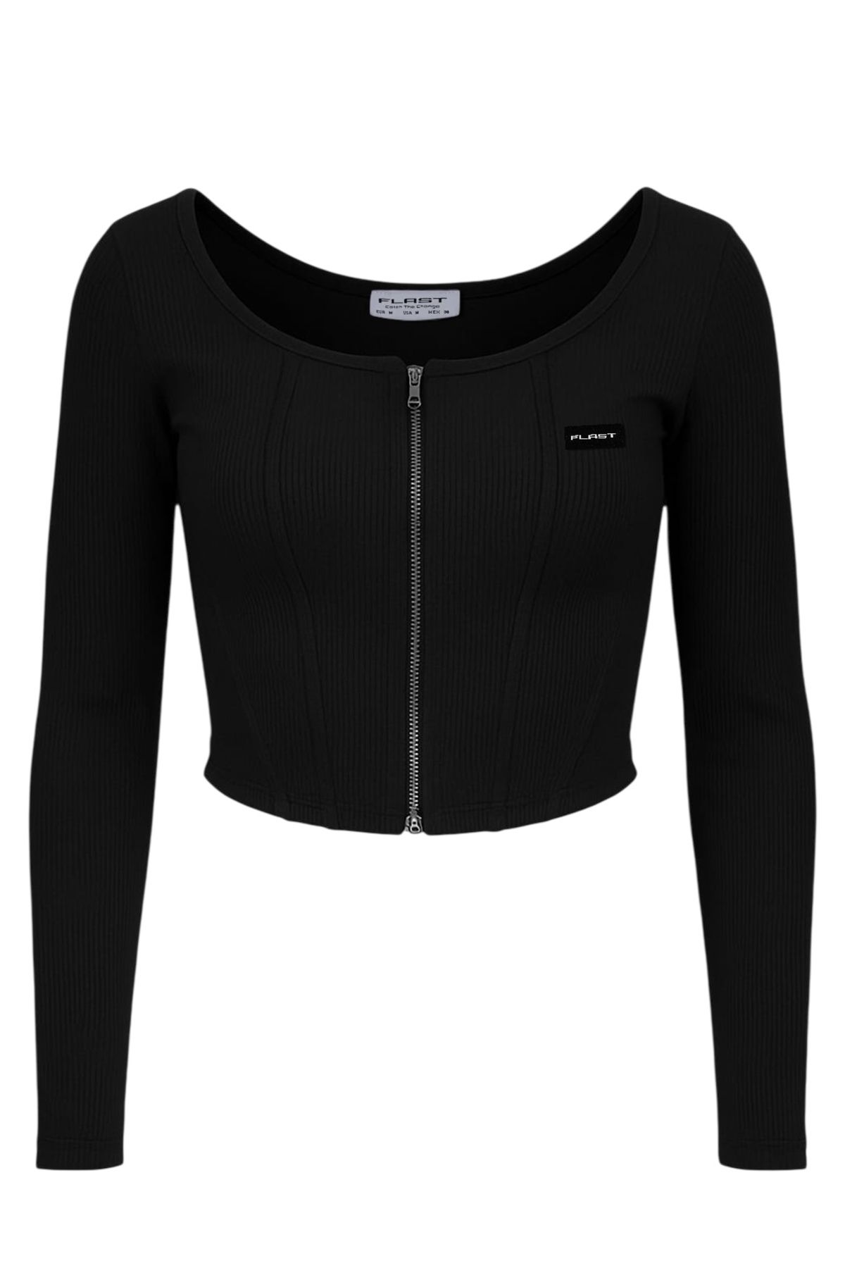 FLAST Kadın Mavi Fermuarlı Uzun Kollu Klei Ribana Organik Pamuk Kumaş Crop Top Bluz